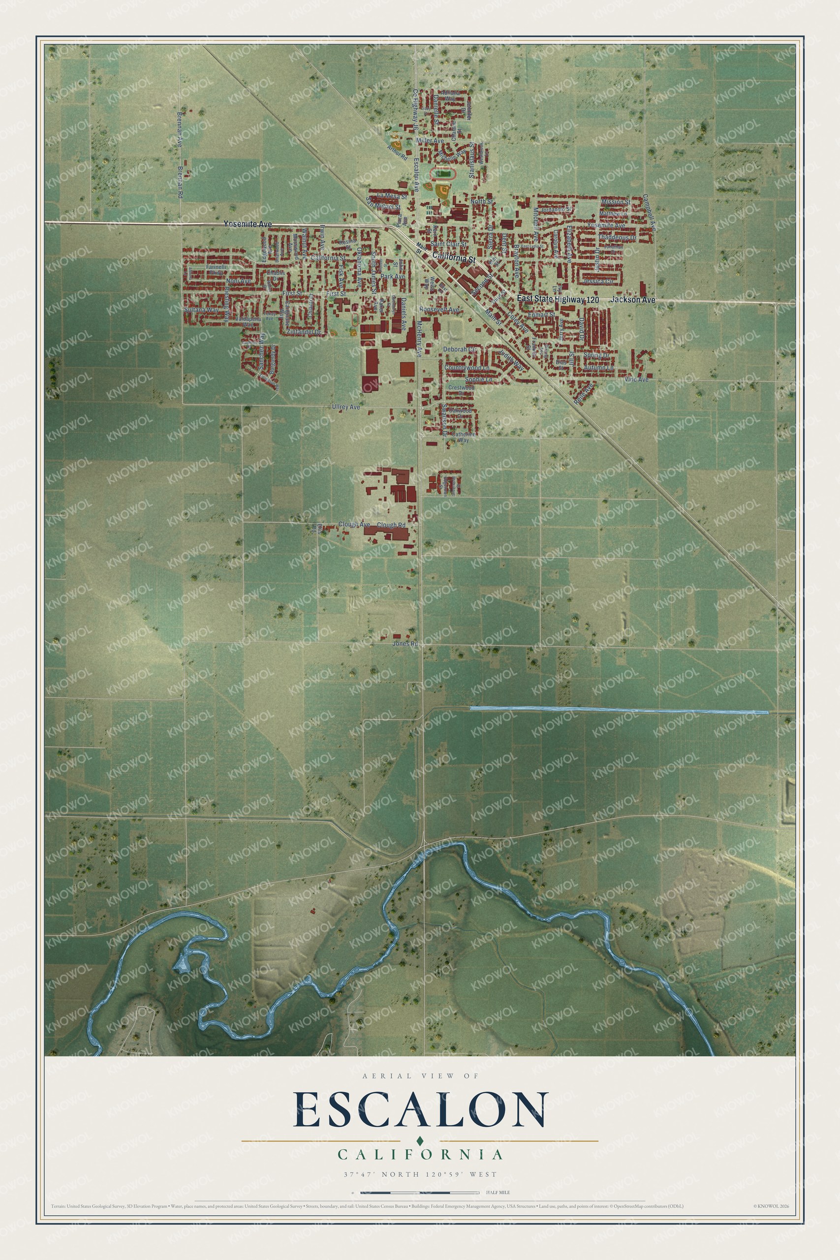 Full map of Escalon, California, with red buildings, printed street names and the land around them