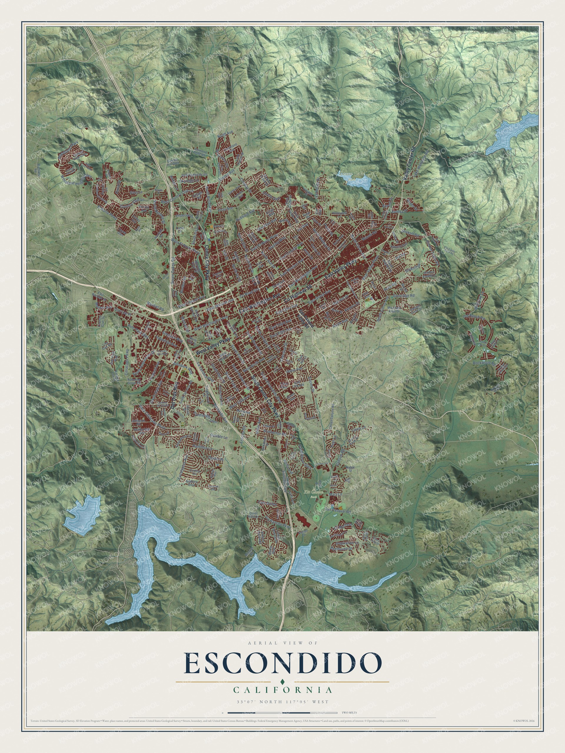 Full map of Escondido, California, with red buildings, printed street names and the land around them