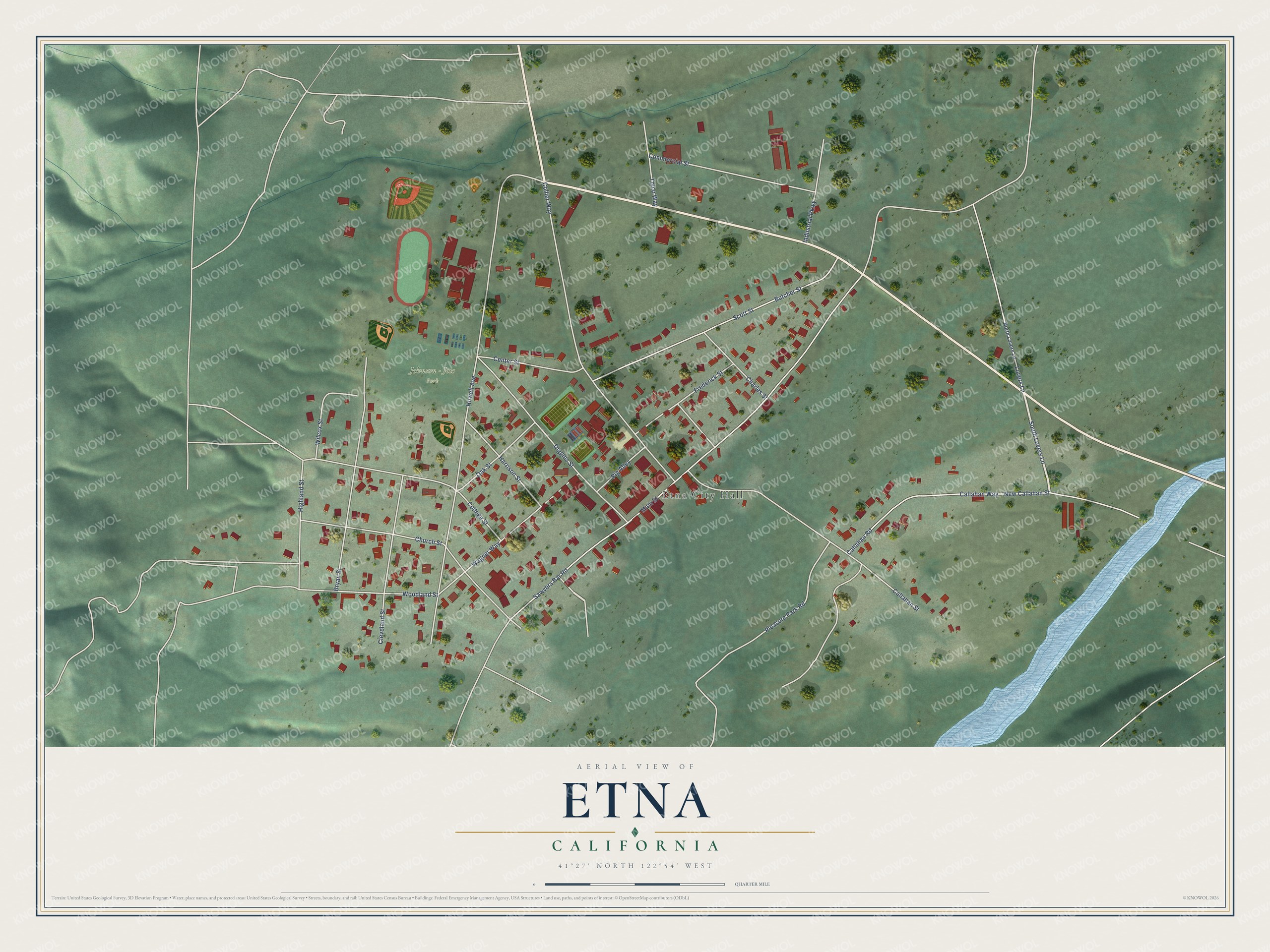 Full map of Etna, California, with red buildings, printed street names and the land around them