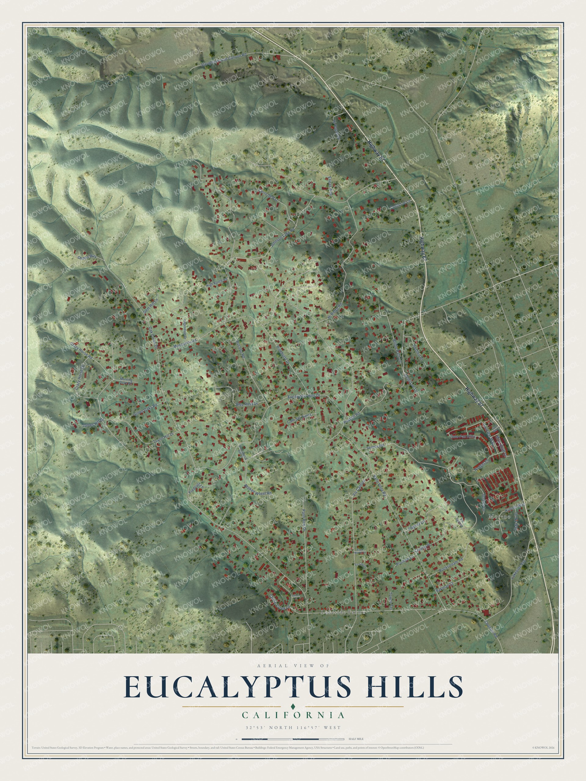 Full map of Eucalyptus Hills, California, with red buildings, printed street names and the land around them