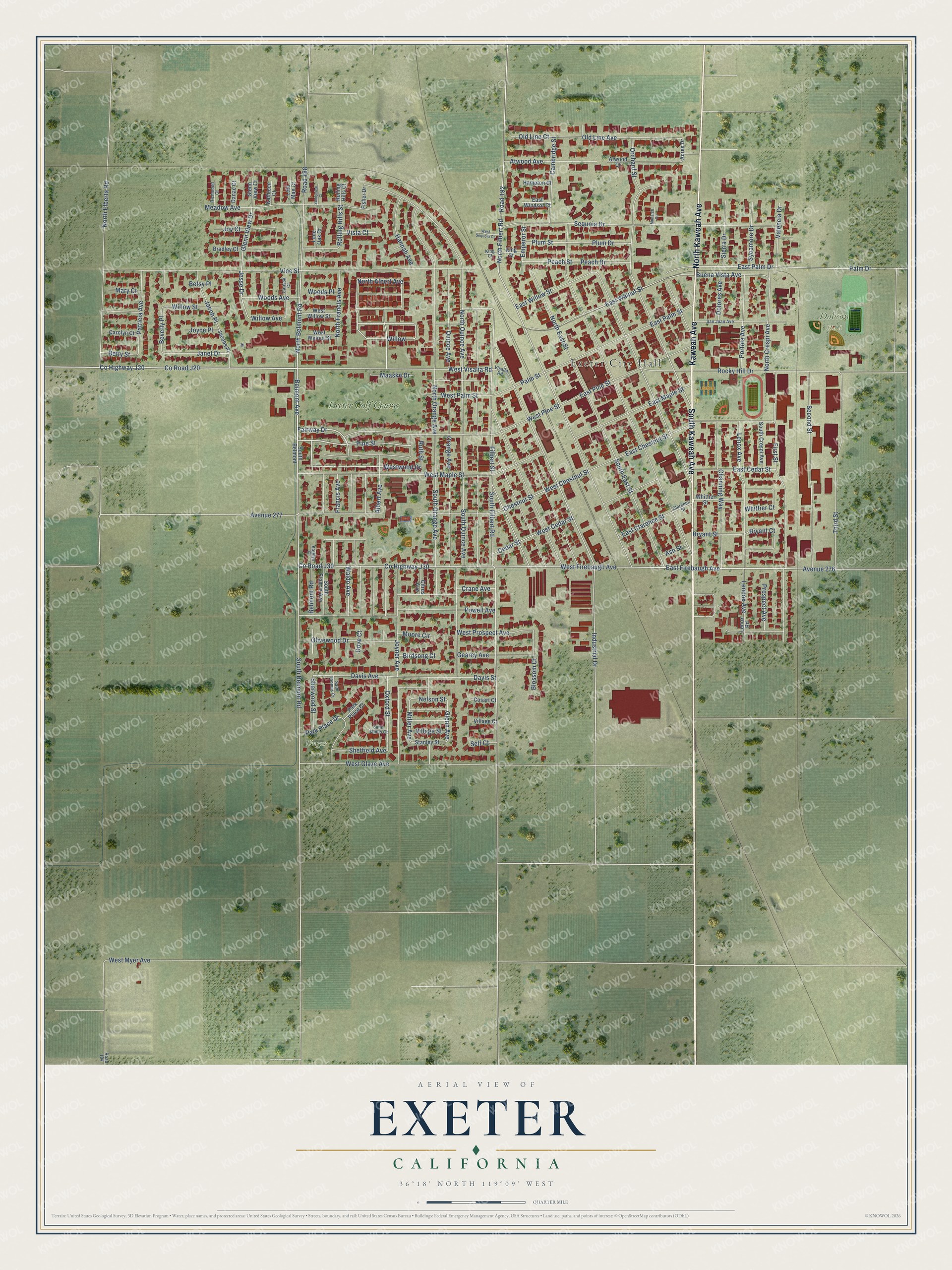 Full map of Exeter, California, with red buildings, printed street names and the land around them