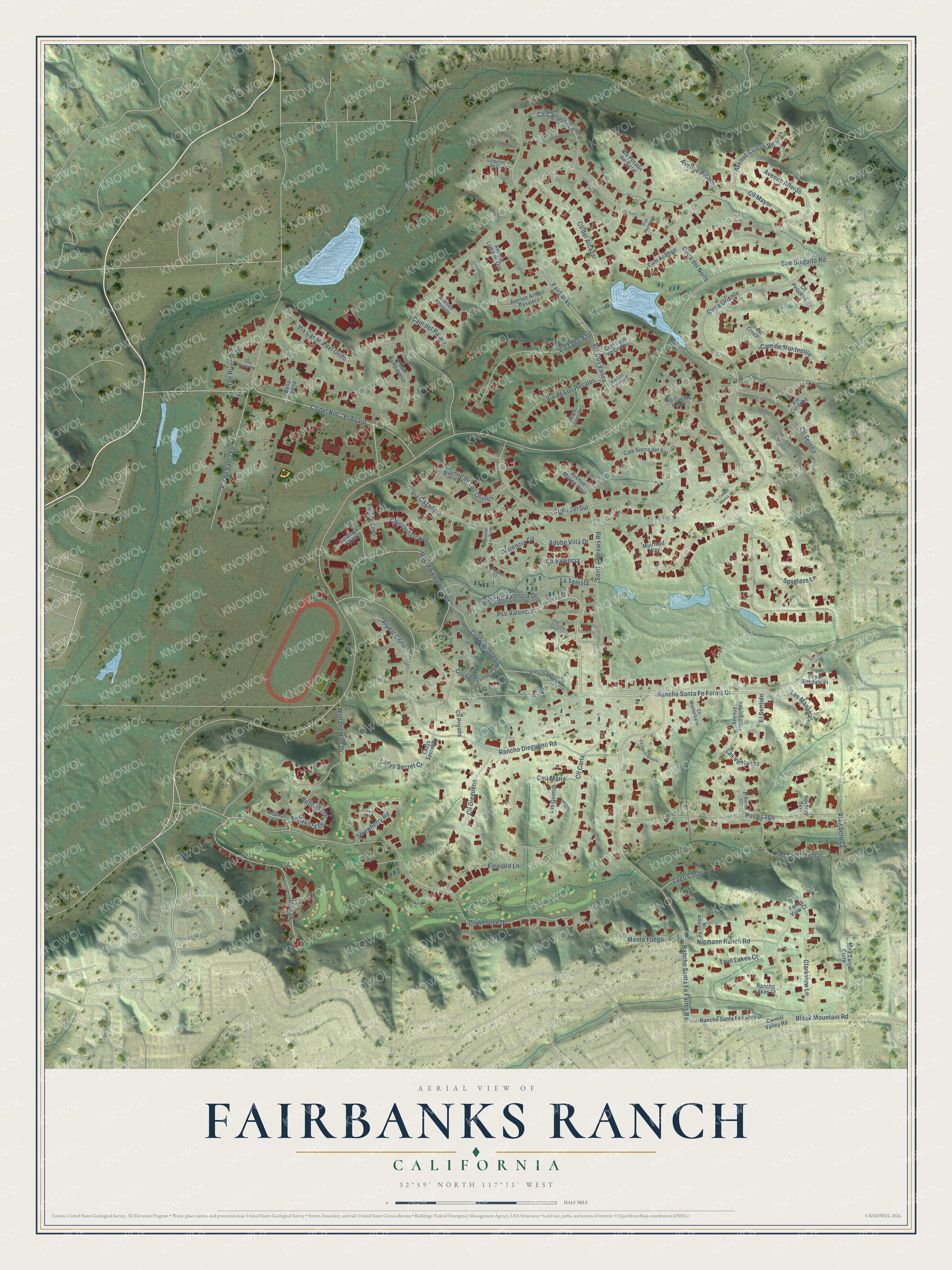 Full map of Fairbanks Ranch, California, with red buildings, printed street names and the land around them