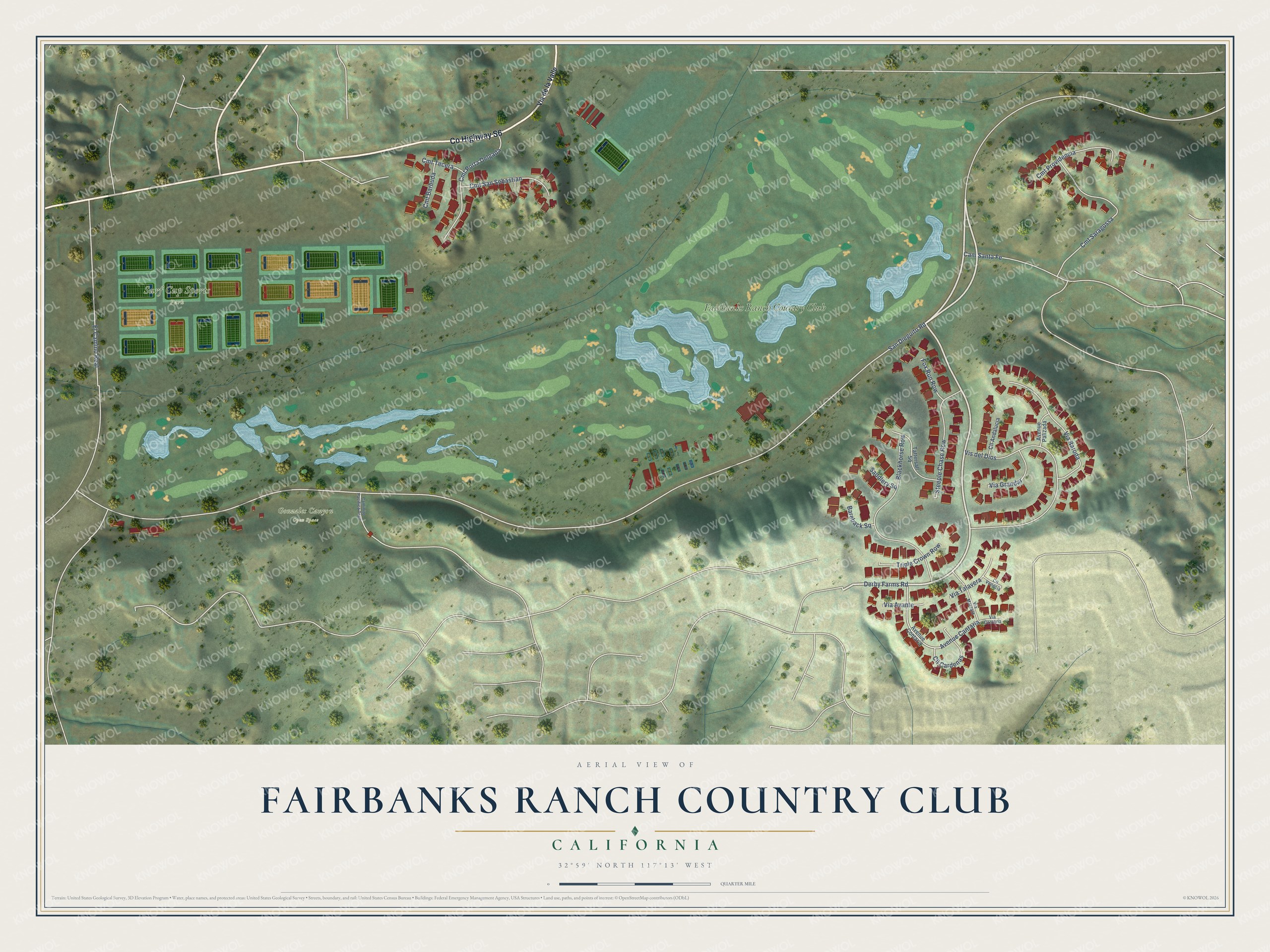 Full map of Fairbanks Ranch Country Club, California, with red buildings, printed street names and the land around them