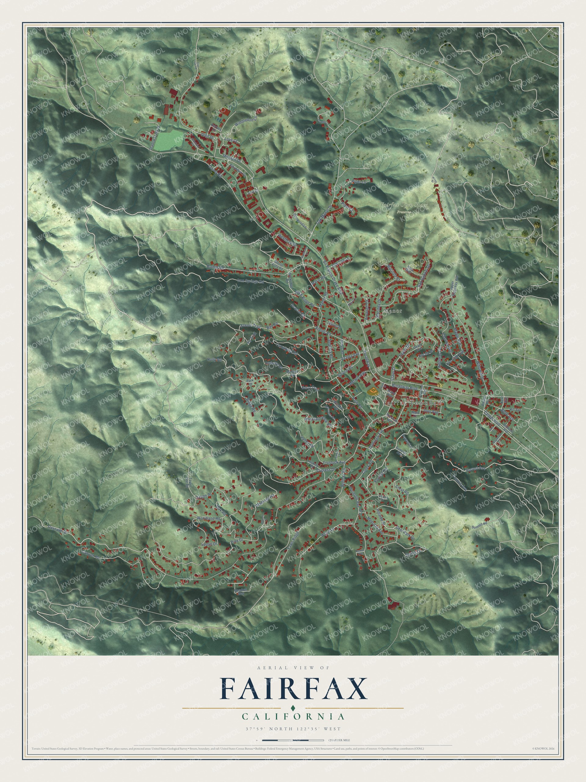 Full map of Fairfax, California, with red buildings, printed street names and the land around them