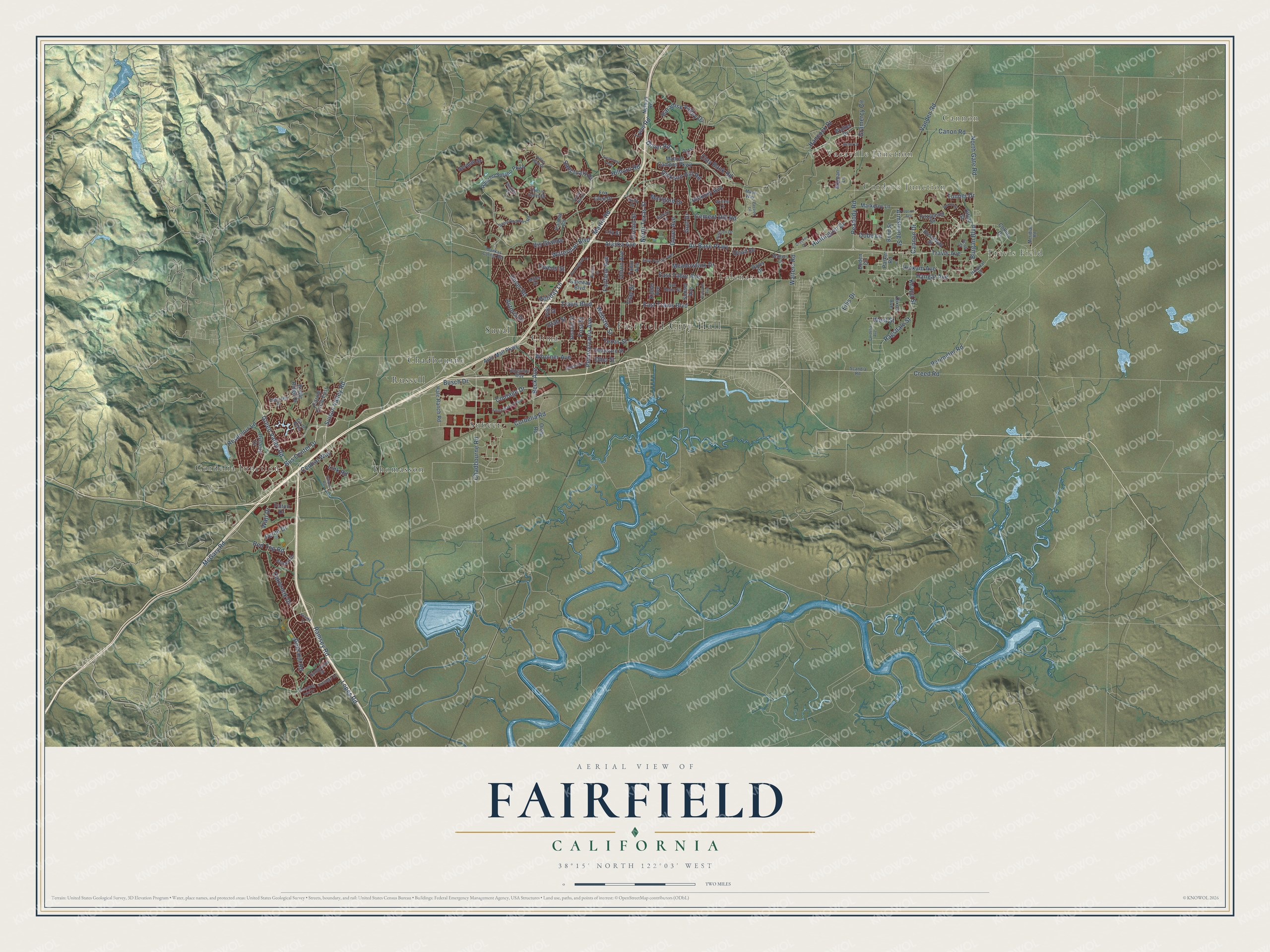 Full map of Fairfield, California, with red buildings, printed street names and the land around them