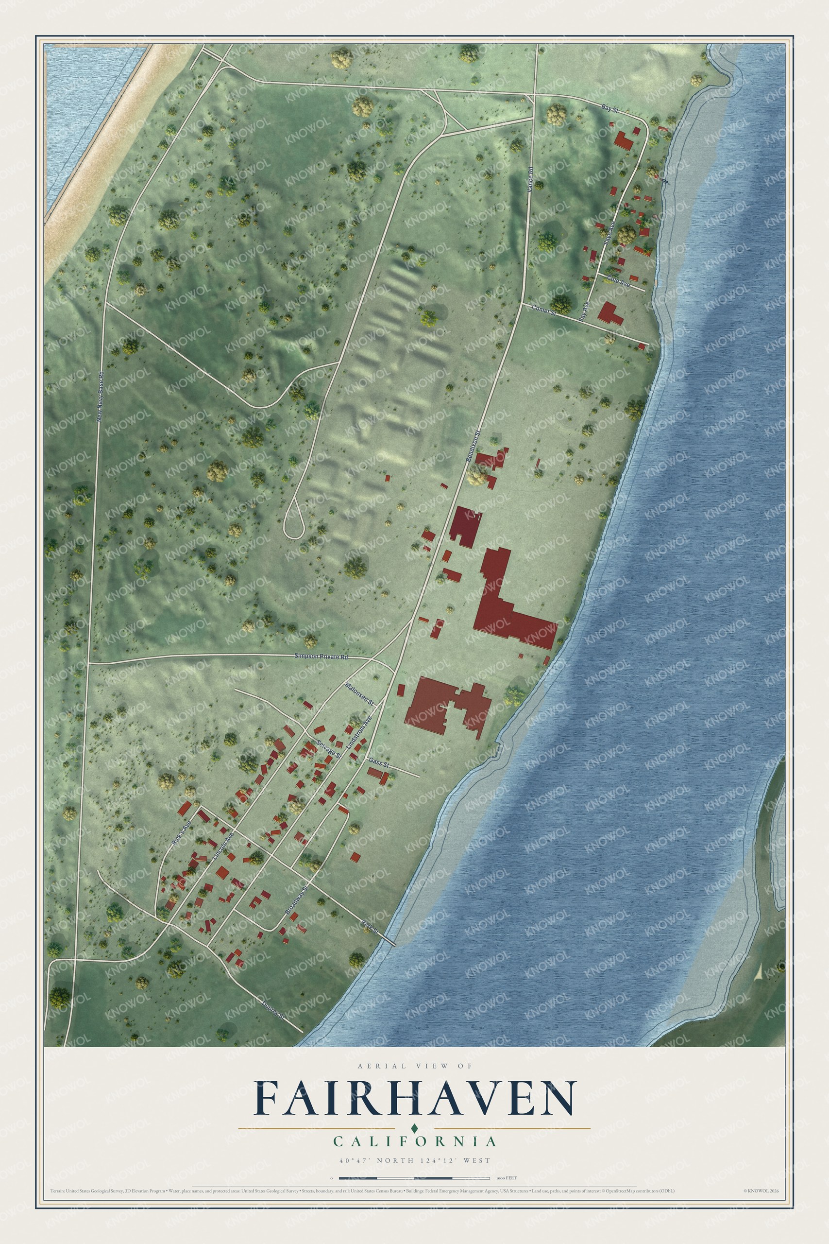 Full map of Fairhaven, California, with red buildings, printed street names and the land around them