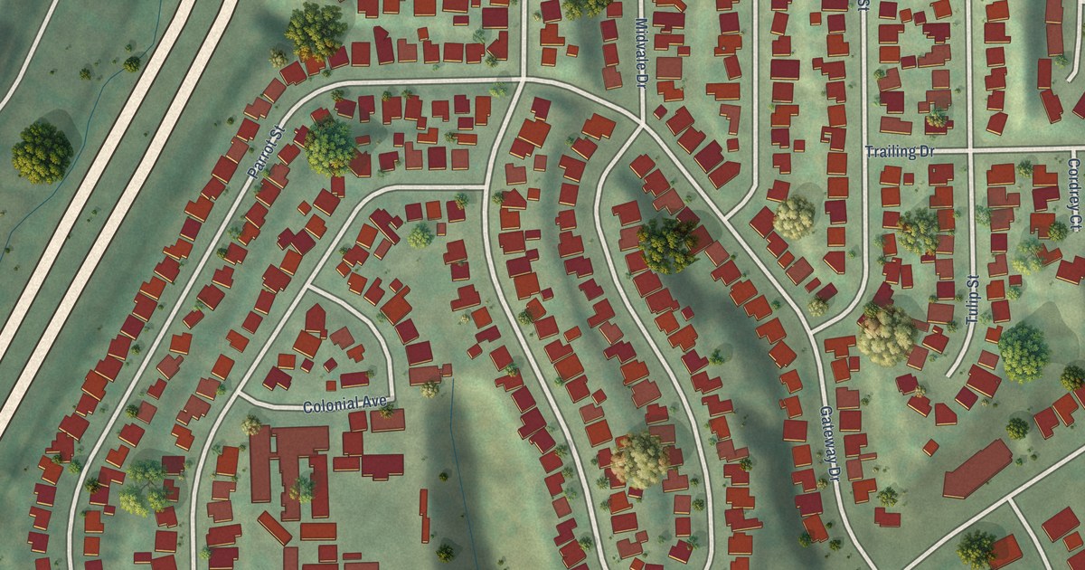 Close-up of streets and buildings in Fairmount Park, California