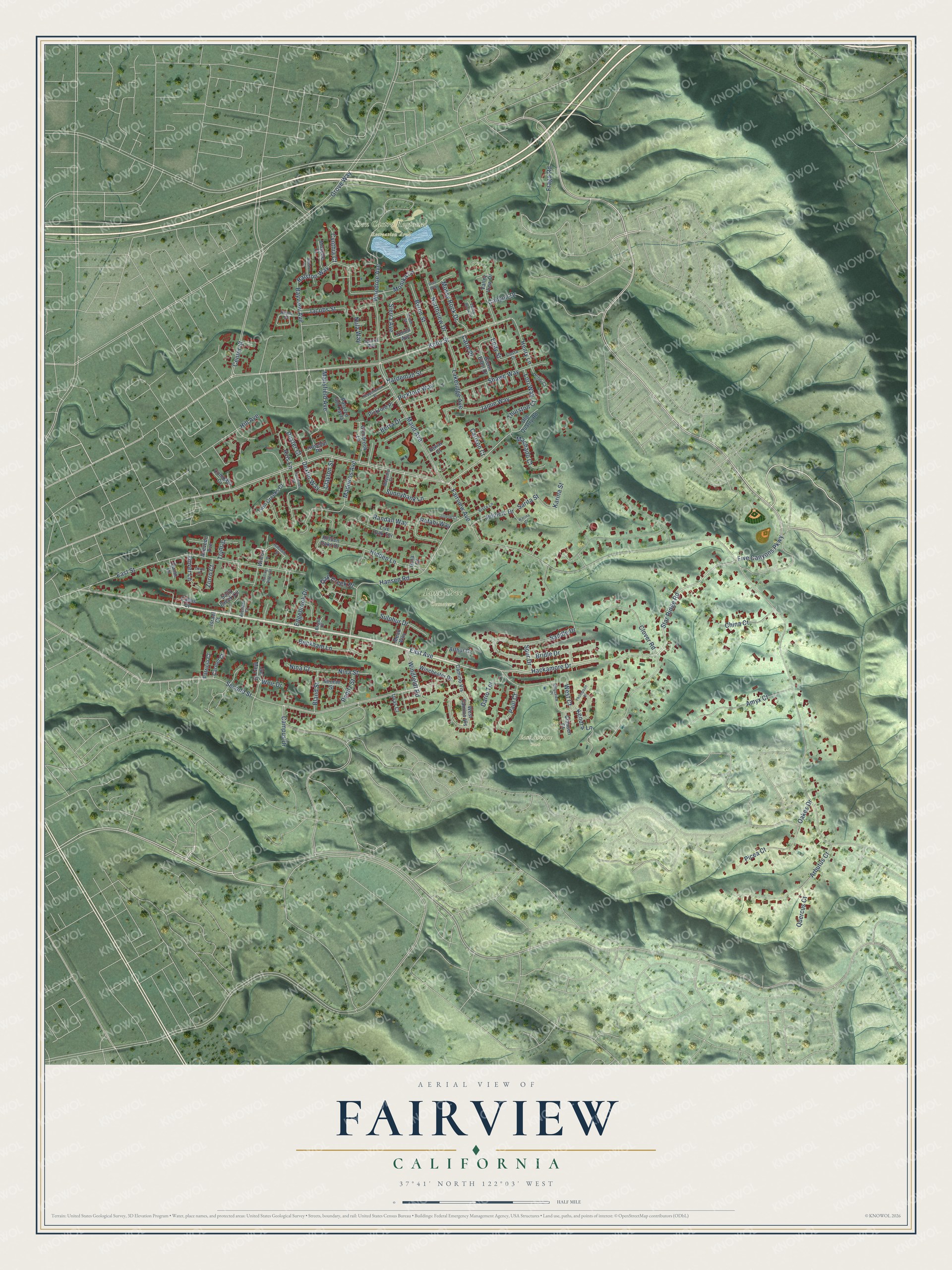 Full map of Fairview, California, with red buildings, printed street names and the land around them