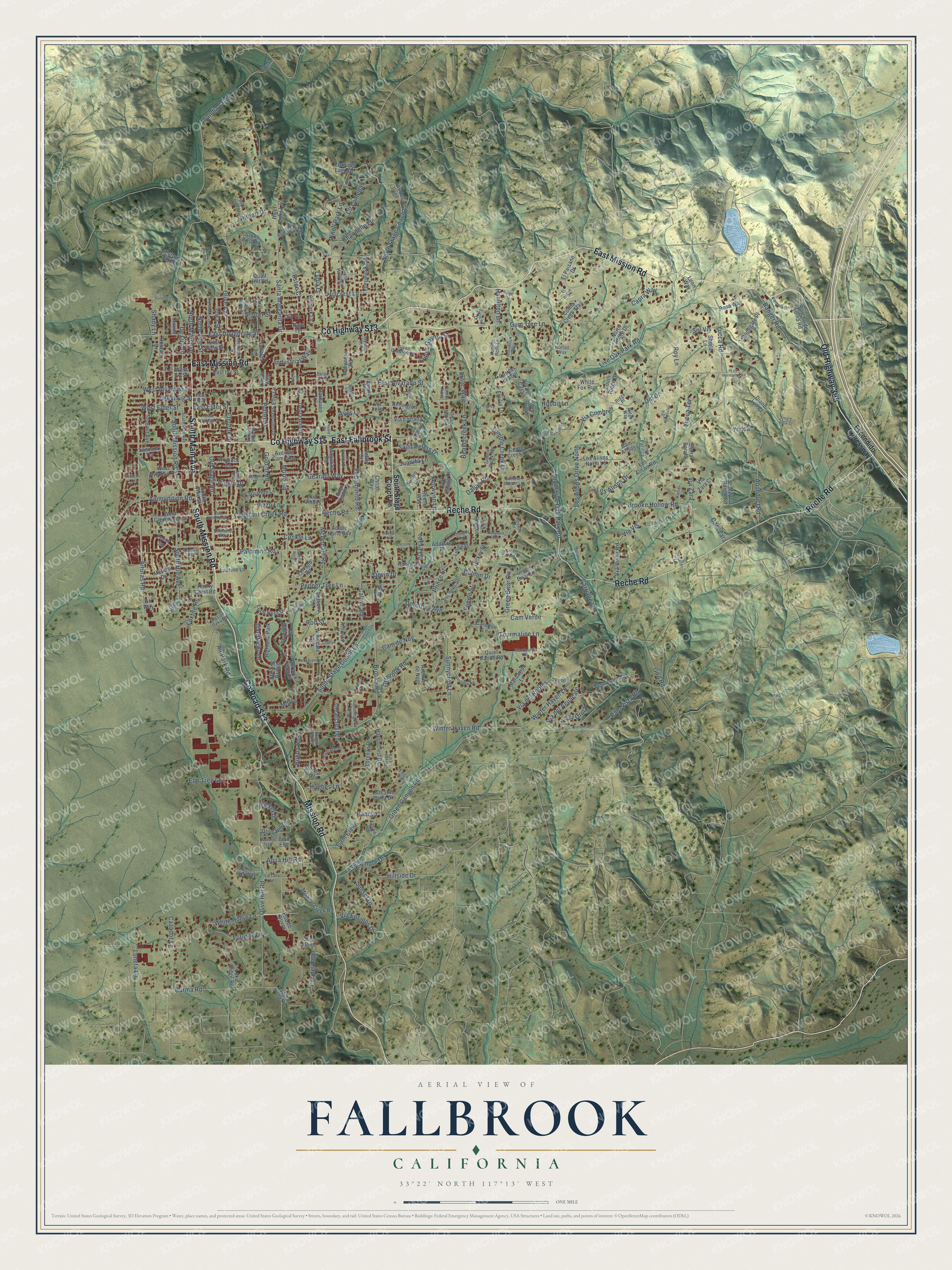 Full map of Fallbrook, California, with red buildings, printed street names and the land around them