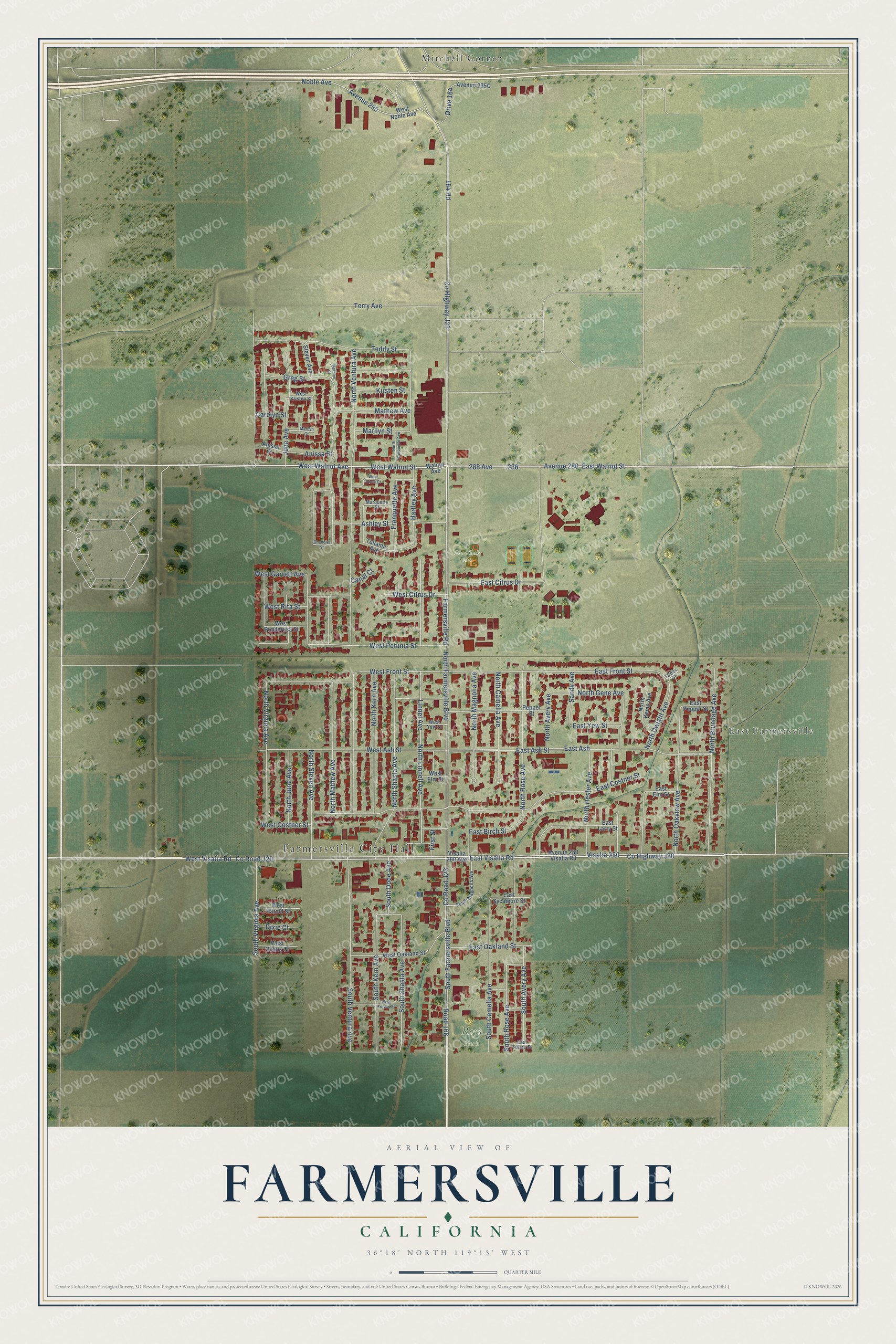 Full map of Farmersville, California, with red buildings, printed street names and the land around them