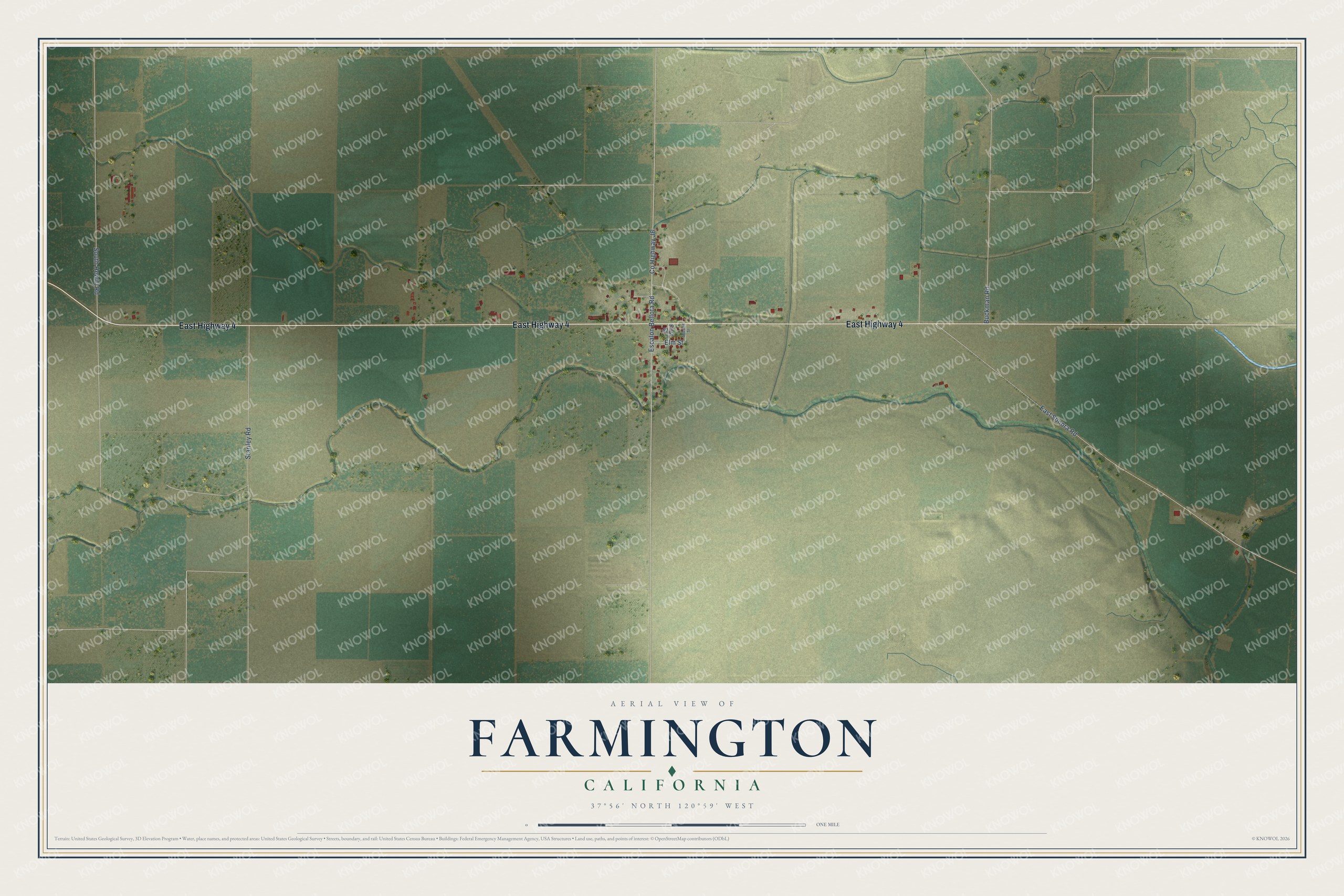 Full map of Farmington, California, with red buildings, printed street names and the land around them