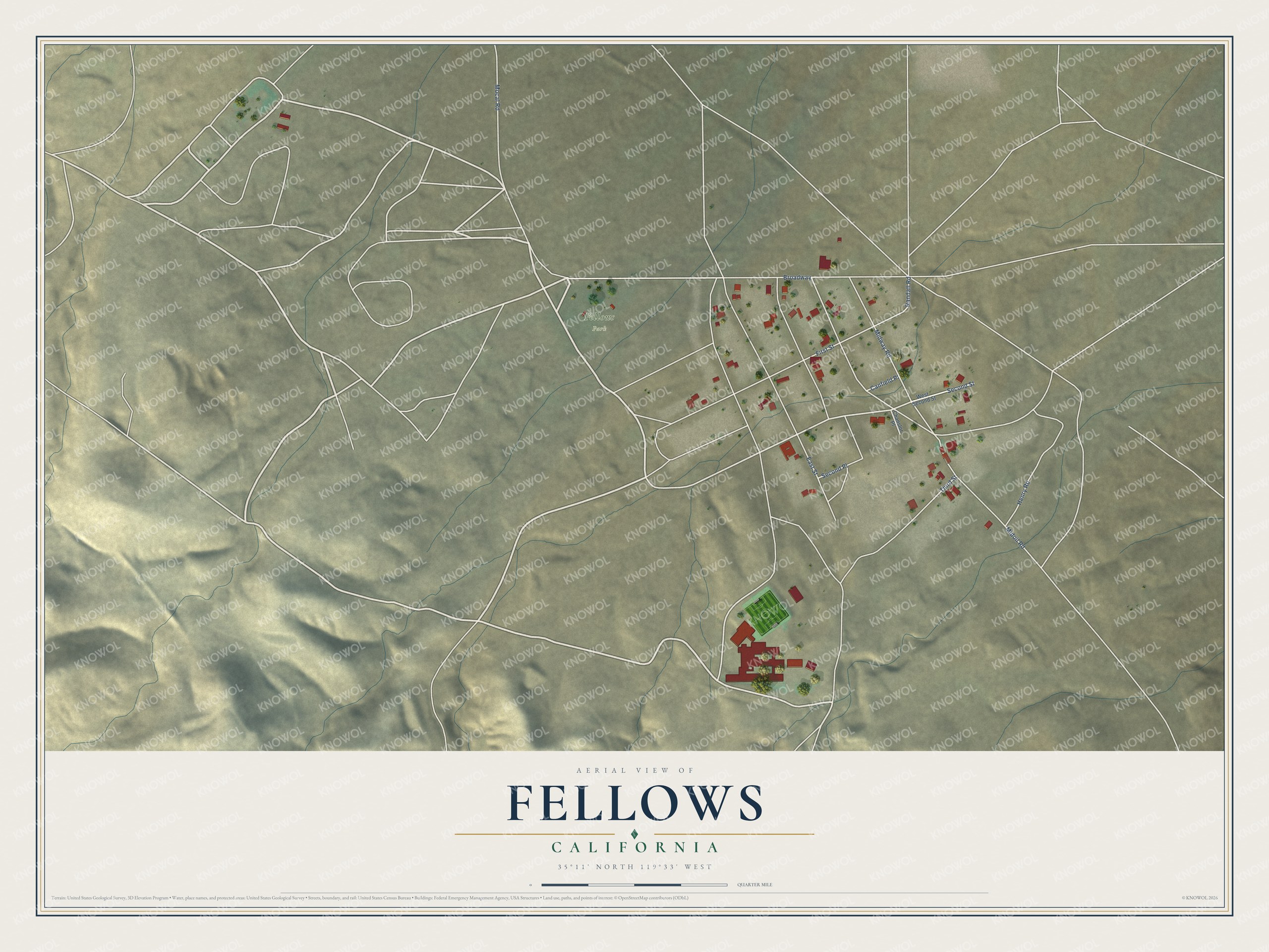 Full map of Fellows, California, with red buildings, printed street names and the land around them