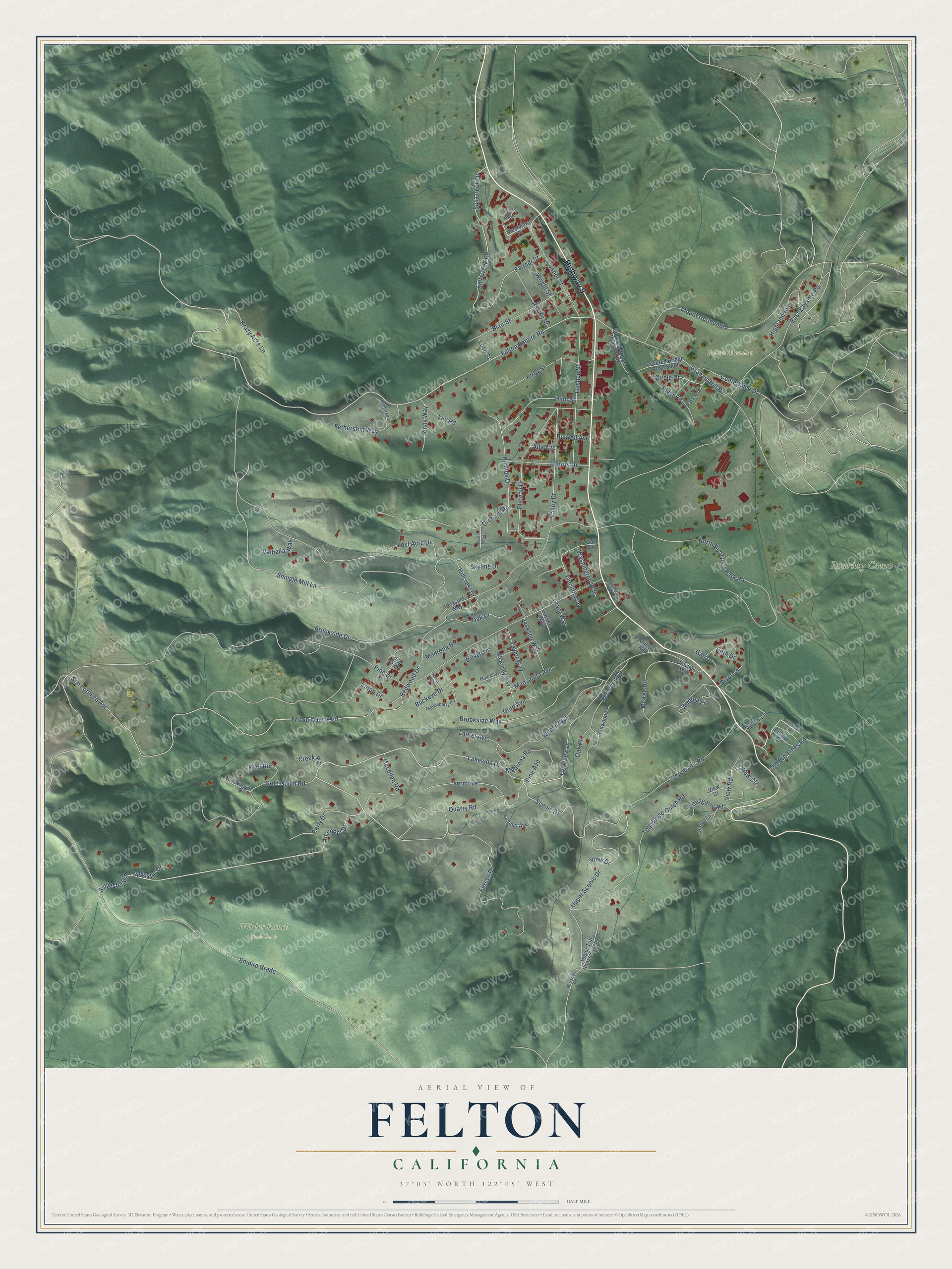 Full map of Felton, California, with red buildings, printed street names and the land around them