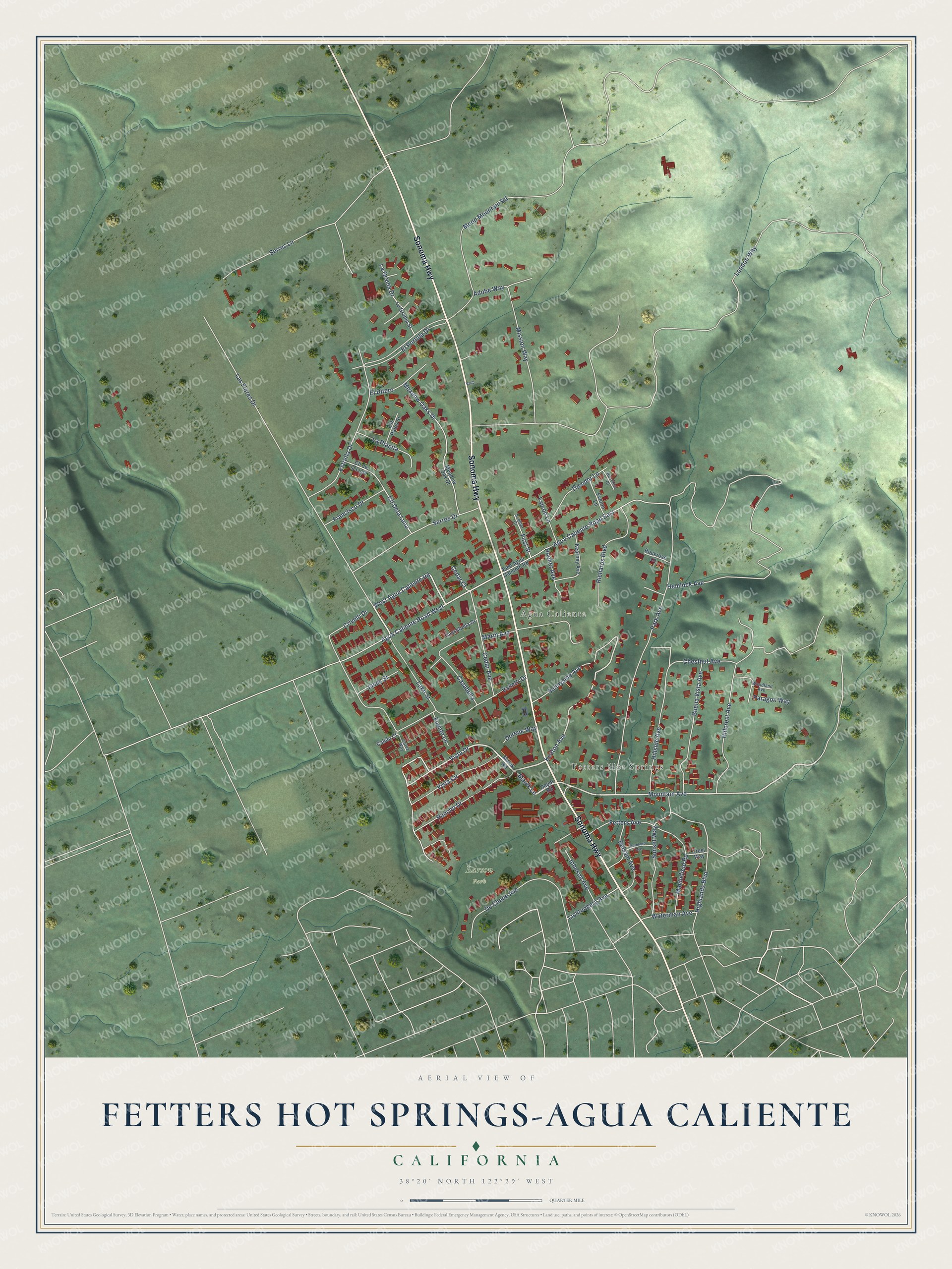 Full map of Fetters Hot Springs-Agua Caliente, California, with red buildings, printed street names and the land around them