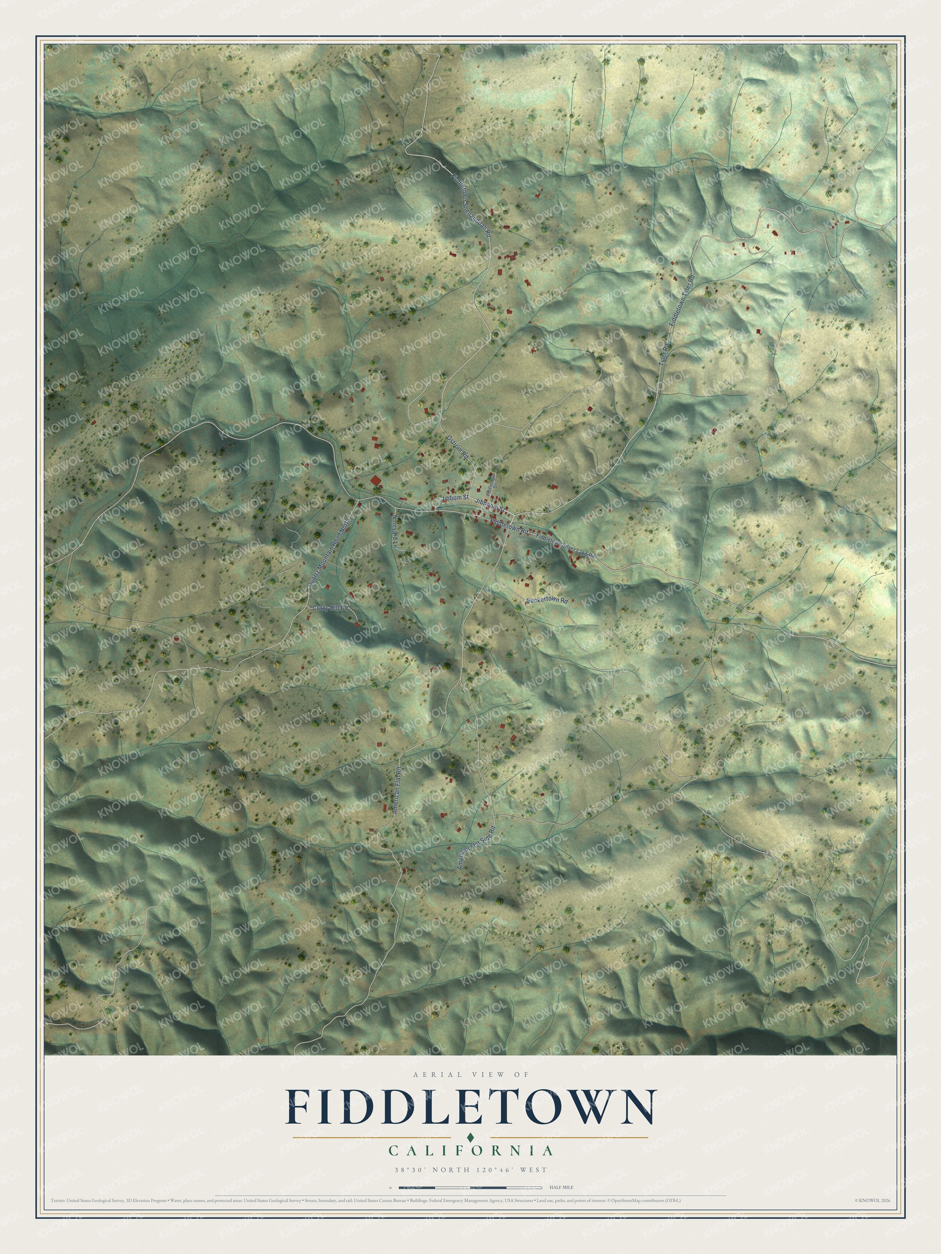 Full map of Fiddletown, California, with red buildings, printed street names and the land around them