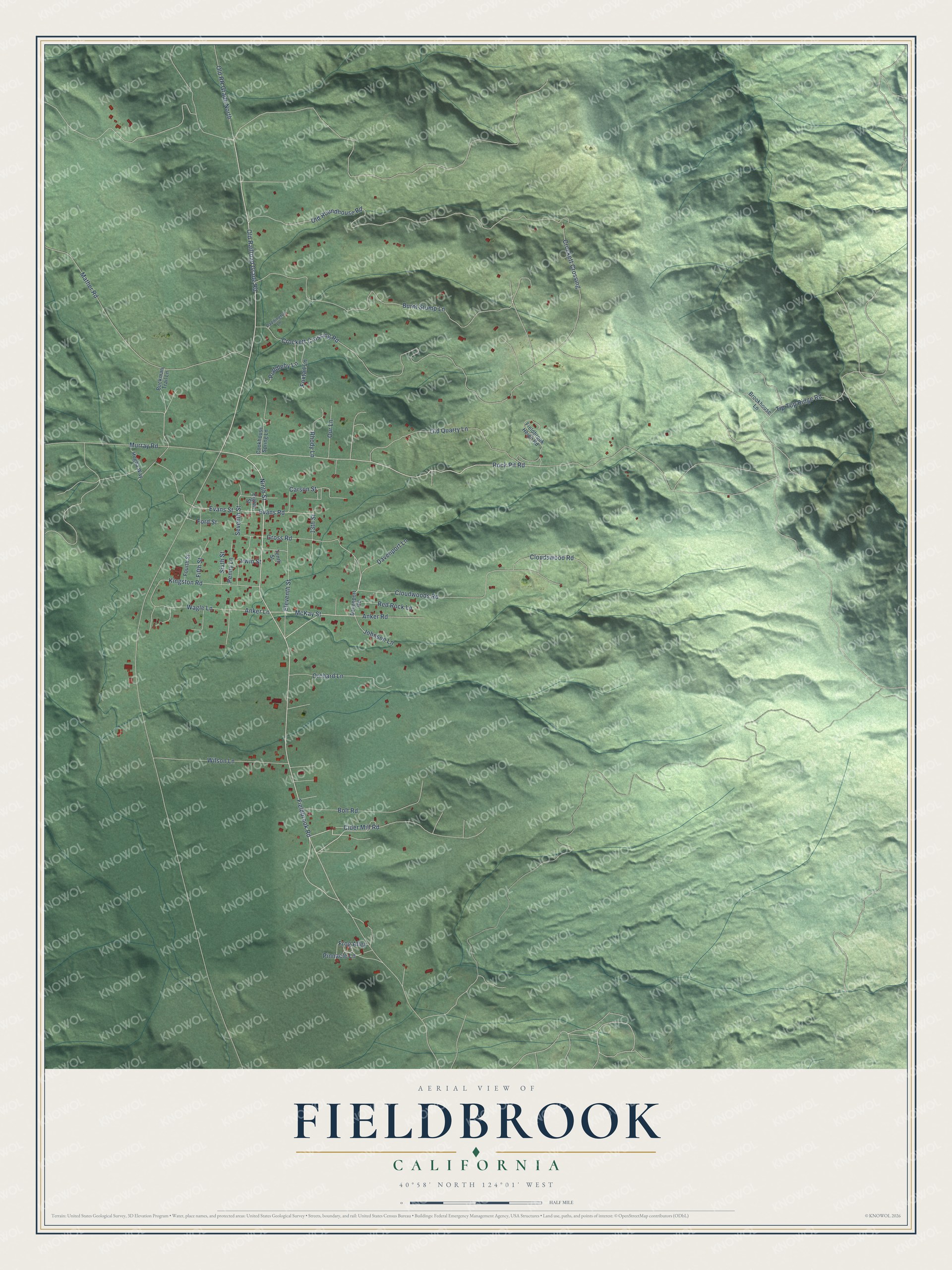 Full map of Fieldbrook, California, with red buildings, printed street names and the land around them