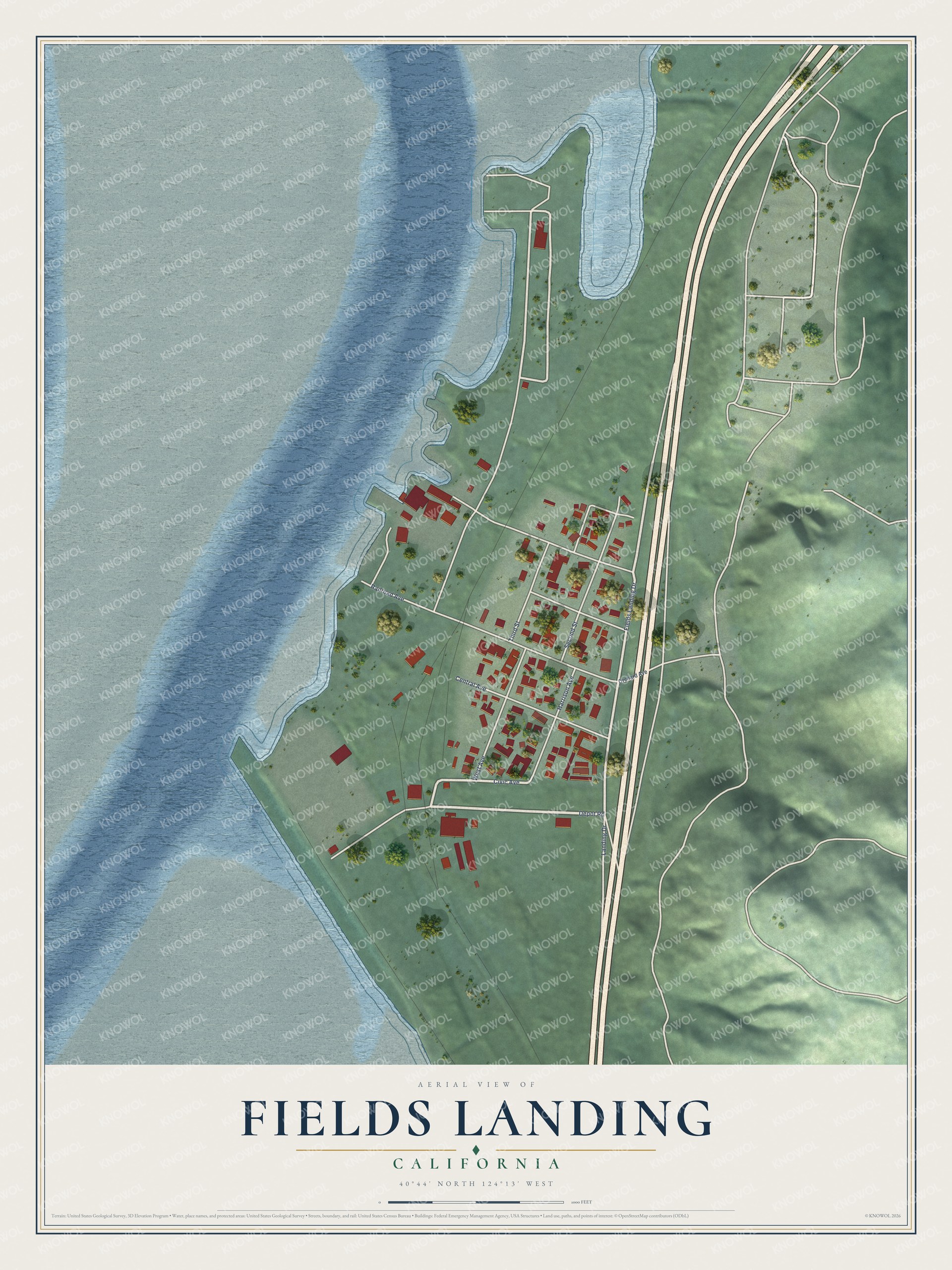 Full map of Fields Landing, California, with red buildings, printed street names and the land around them