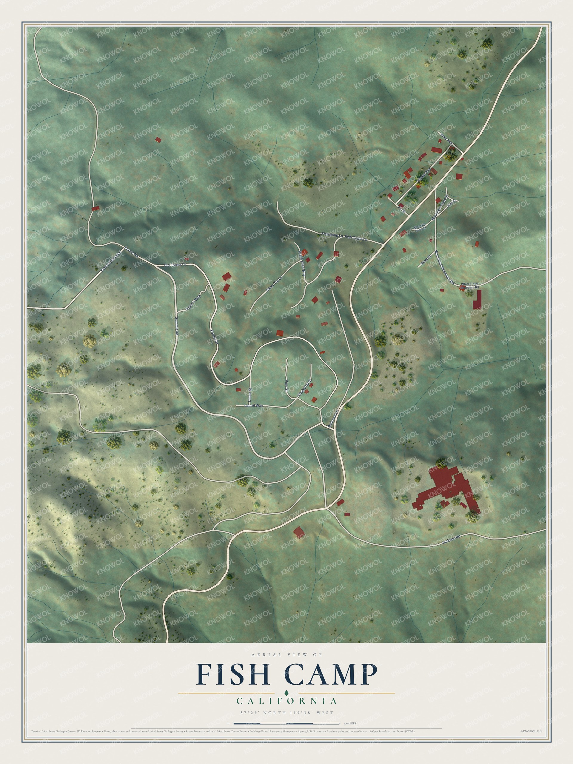 Full map of Fish Camp, California, with red buildings, printed street names and the land around them