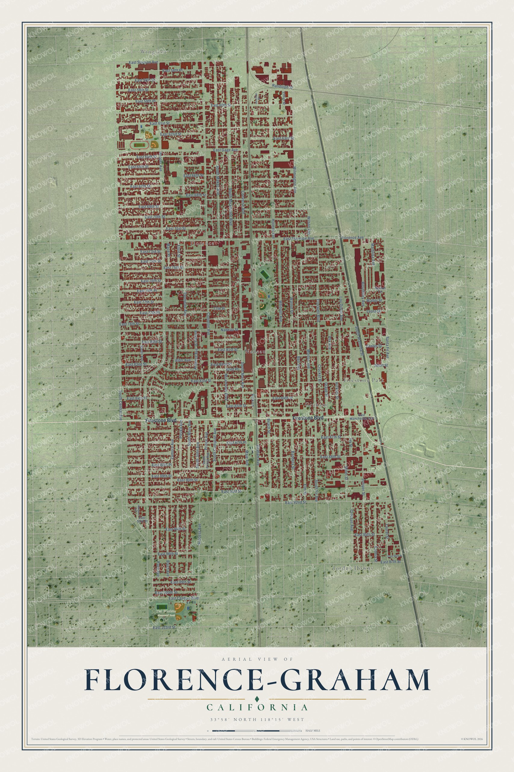 Full map of Florence-Graham, California, with red buildings, printed street names and the land around them