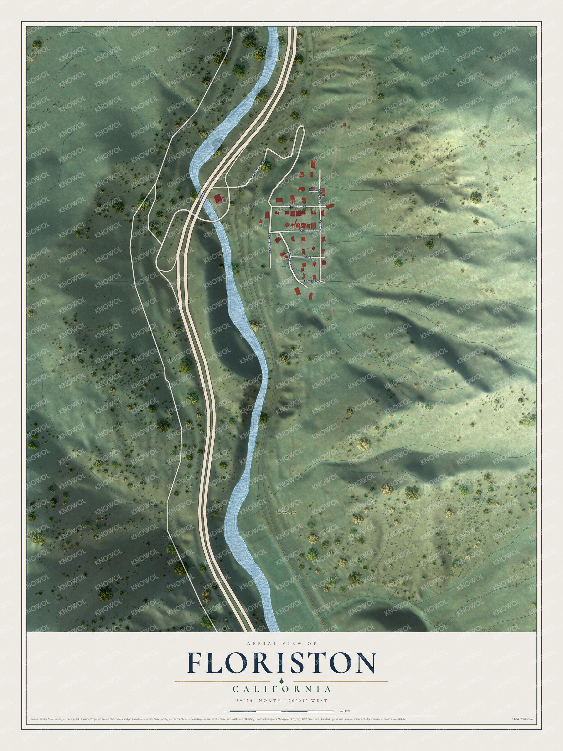 Full map of Floriston, California, with red buildings, printed street names and the land around them