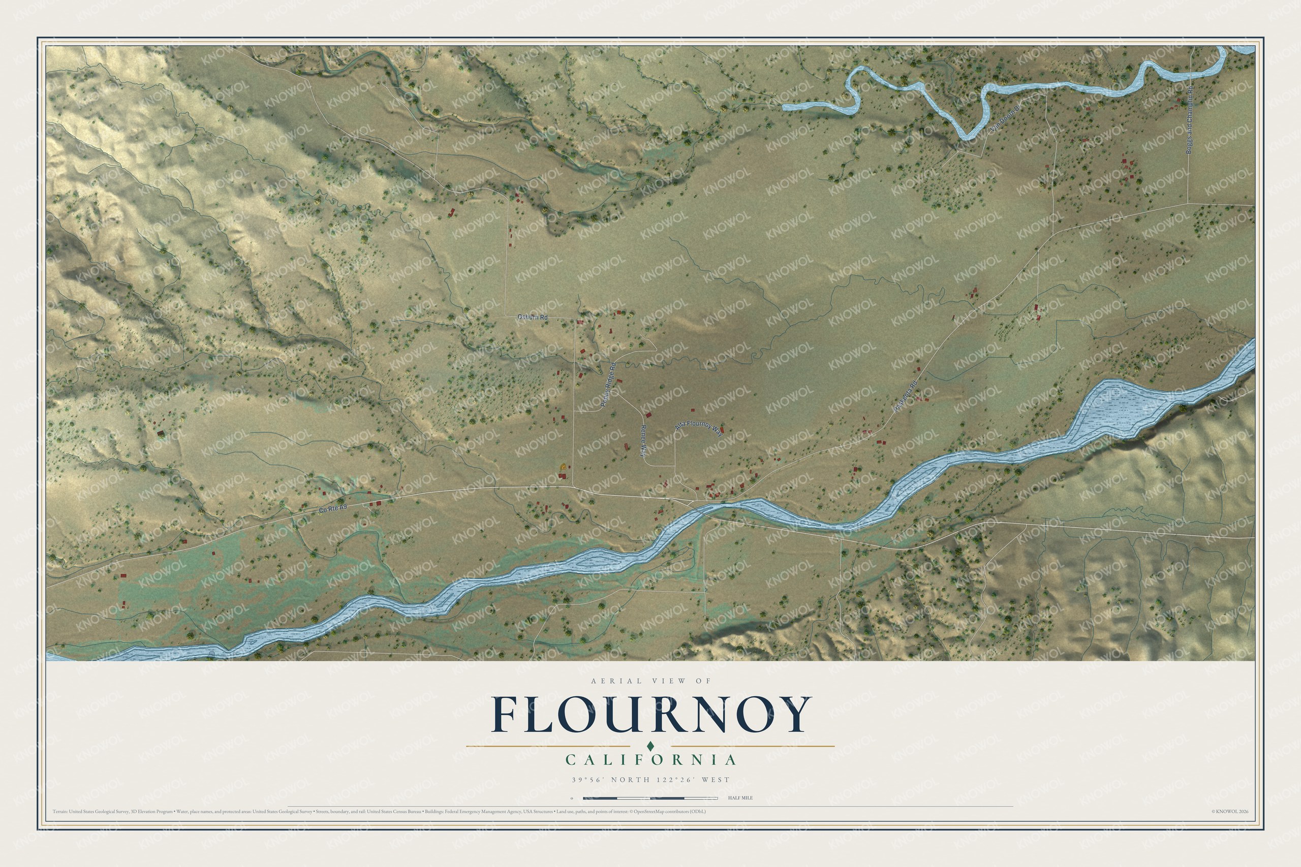 Full map of Flournoy, California, with red buildings, printed street names and the land around them