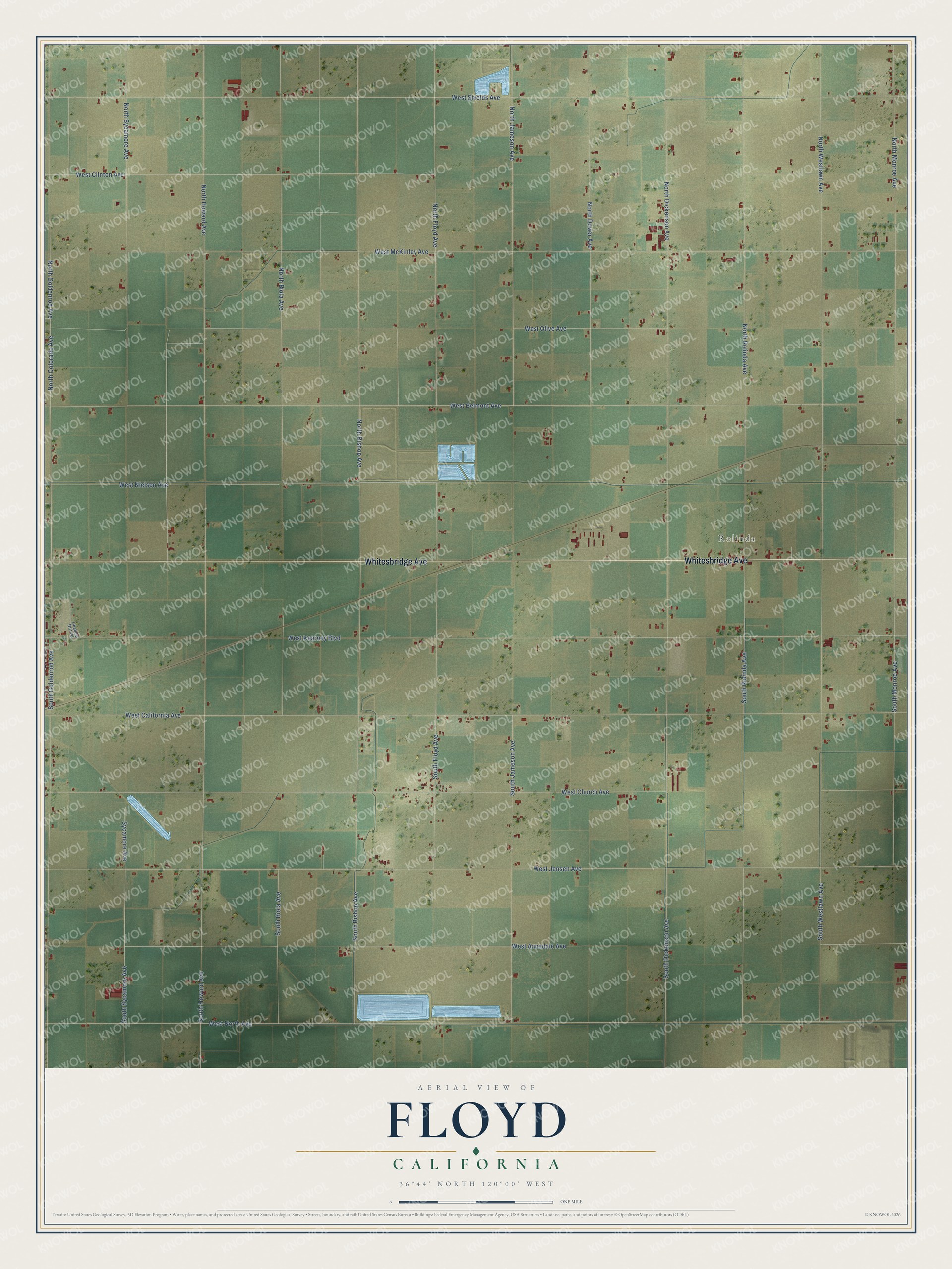 Full map of Floyd, California, with red buildings, printed street names and the land around them