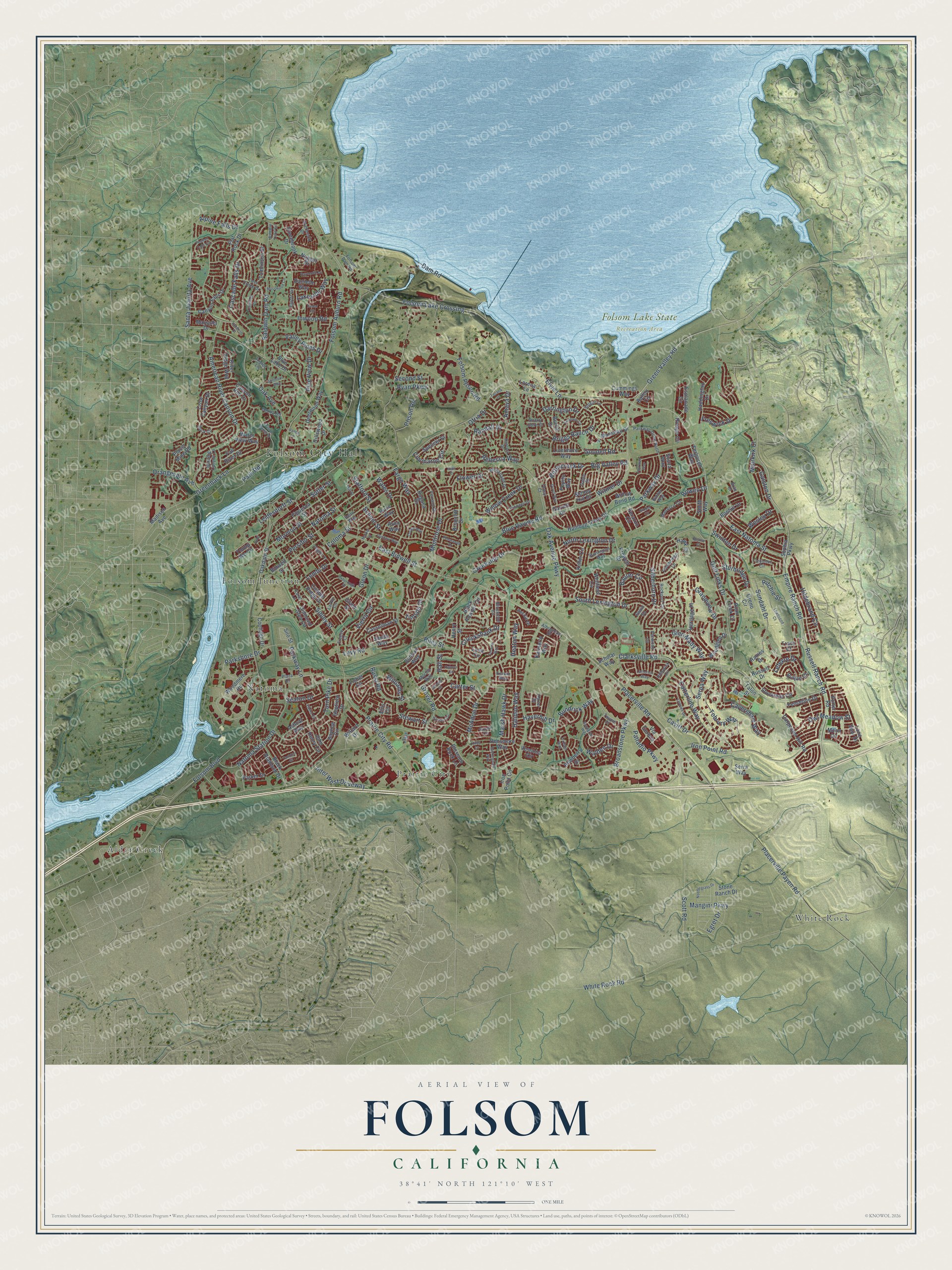 Full map of Folsom, California, with red buildings, printed street names and the land around them