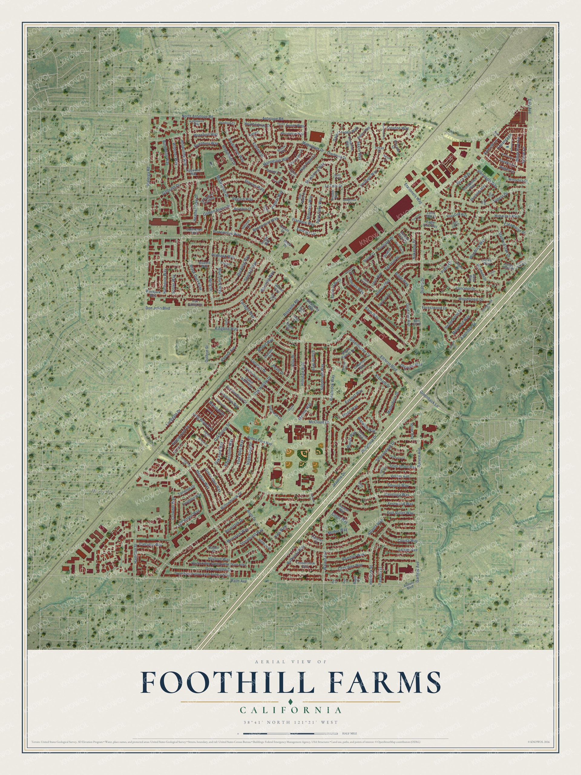 Full map of Foothill Farms, California, with red buildings, printed street names and the land around them