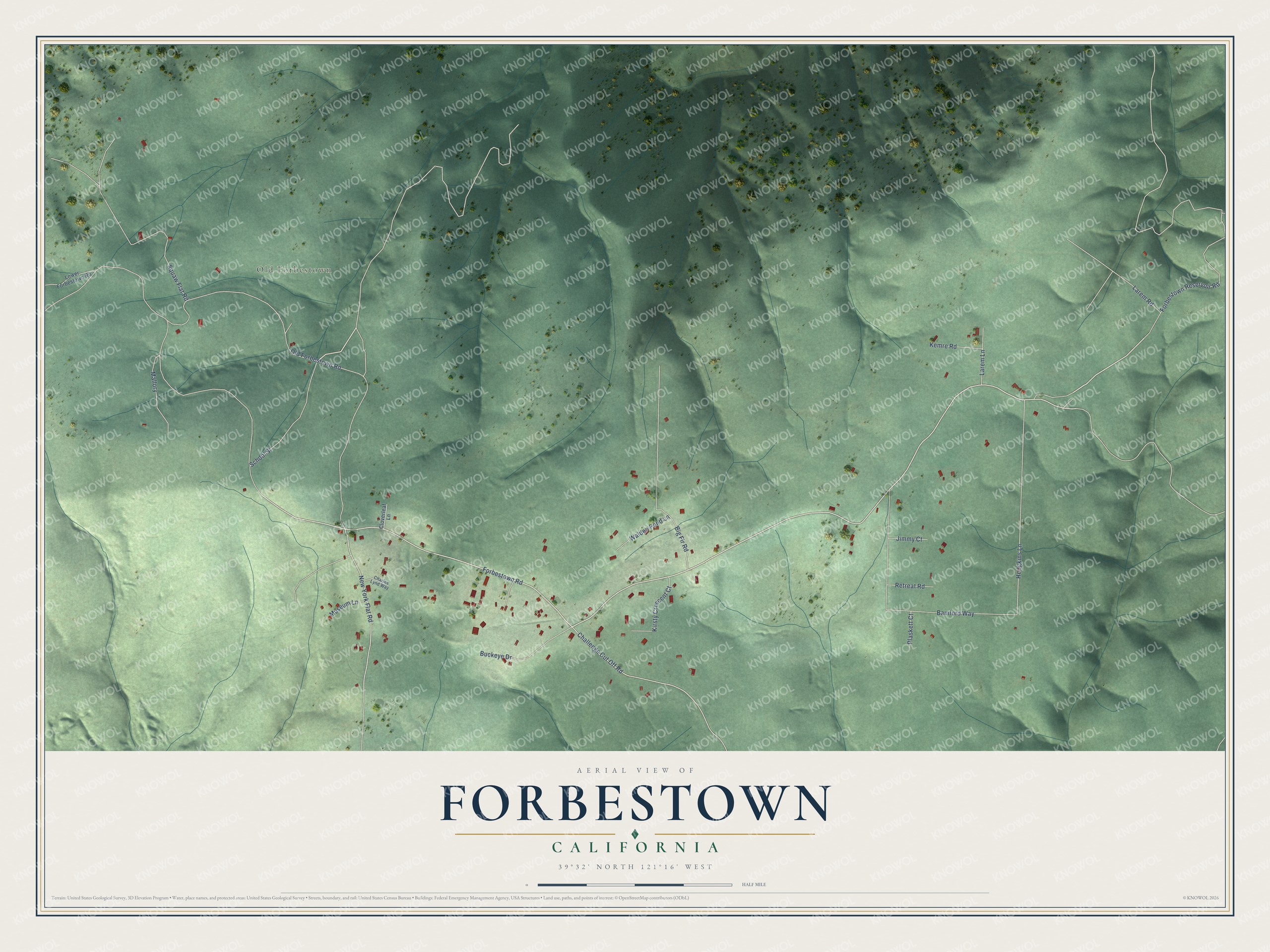 Full map of Forbestown, California, with red buildings, printed street names and the land around them