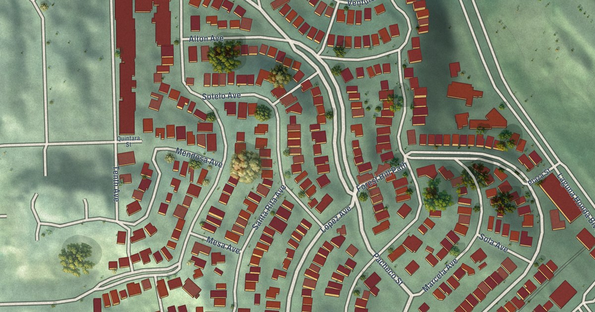 Close-up of streets and buildings in Forest Hill, California