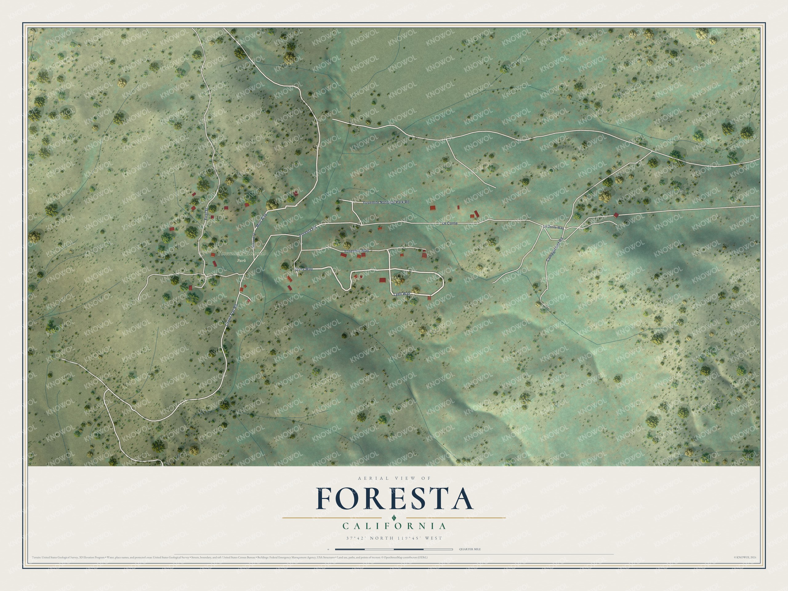 Full map of Foresta, California, with red buildings, printed street names and the land around them