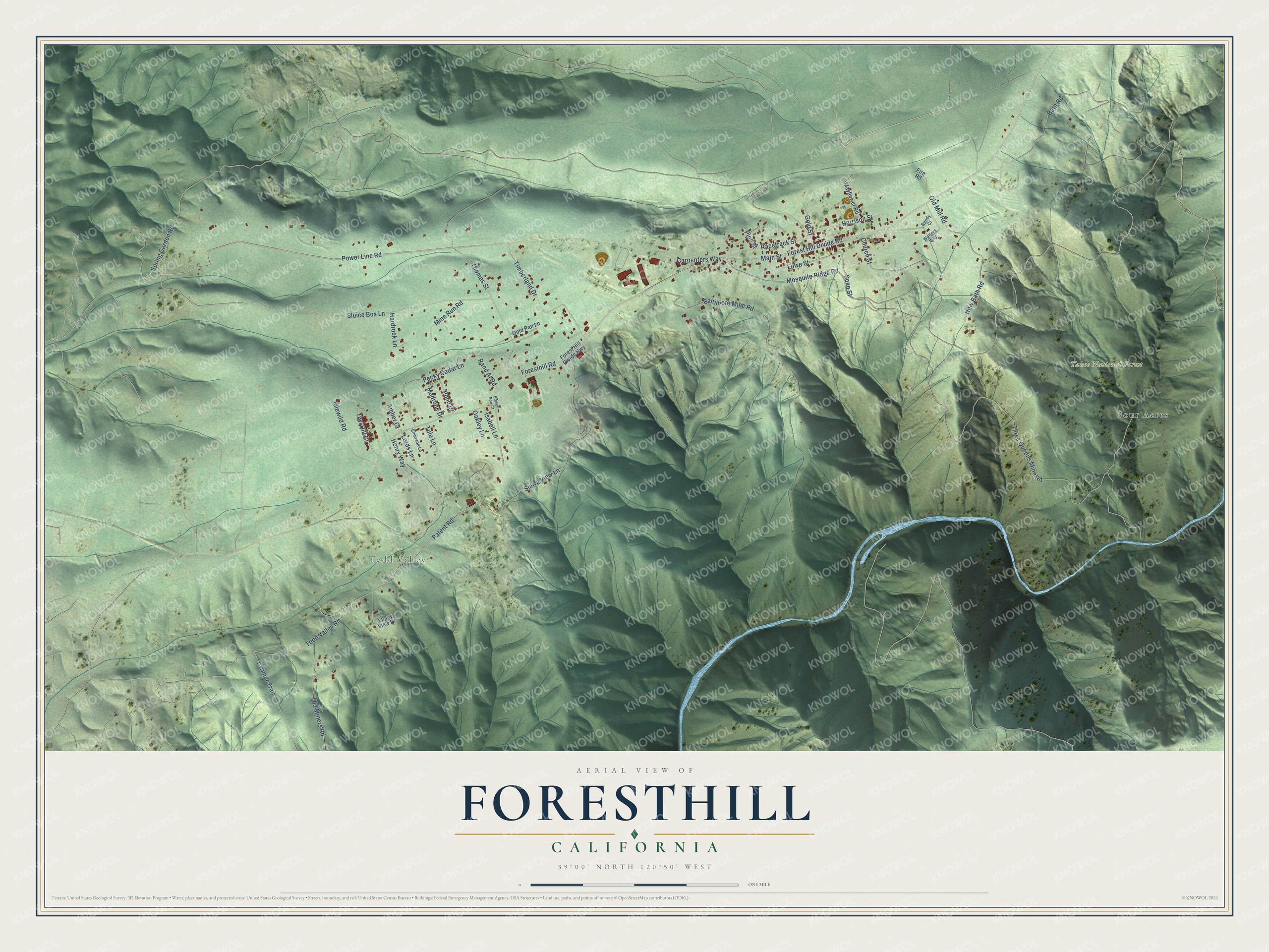 Full map of Foresthill, California, with red buildings, printed street names and the land around them