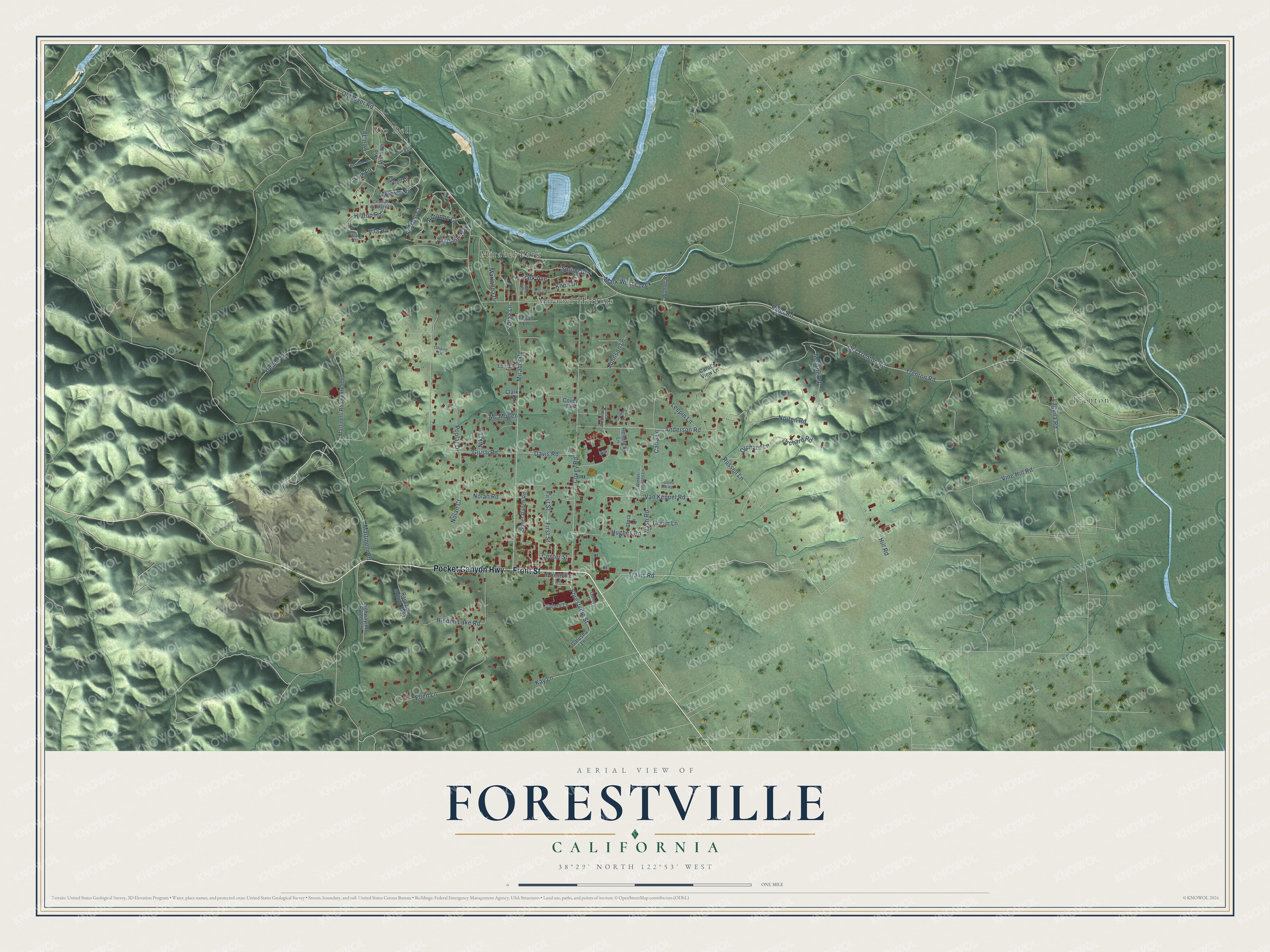 Full map of Forestville, California, with red buildings, printed street names and the land around them