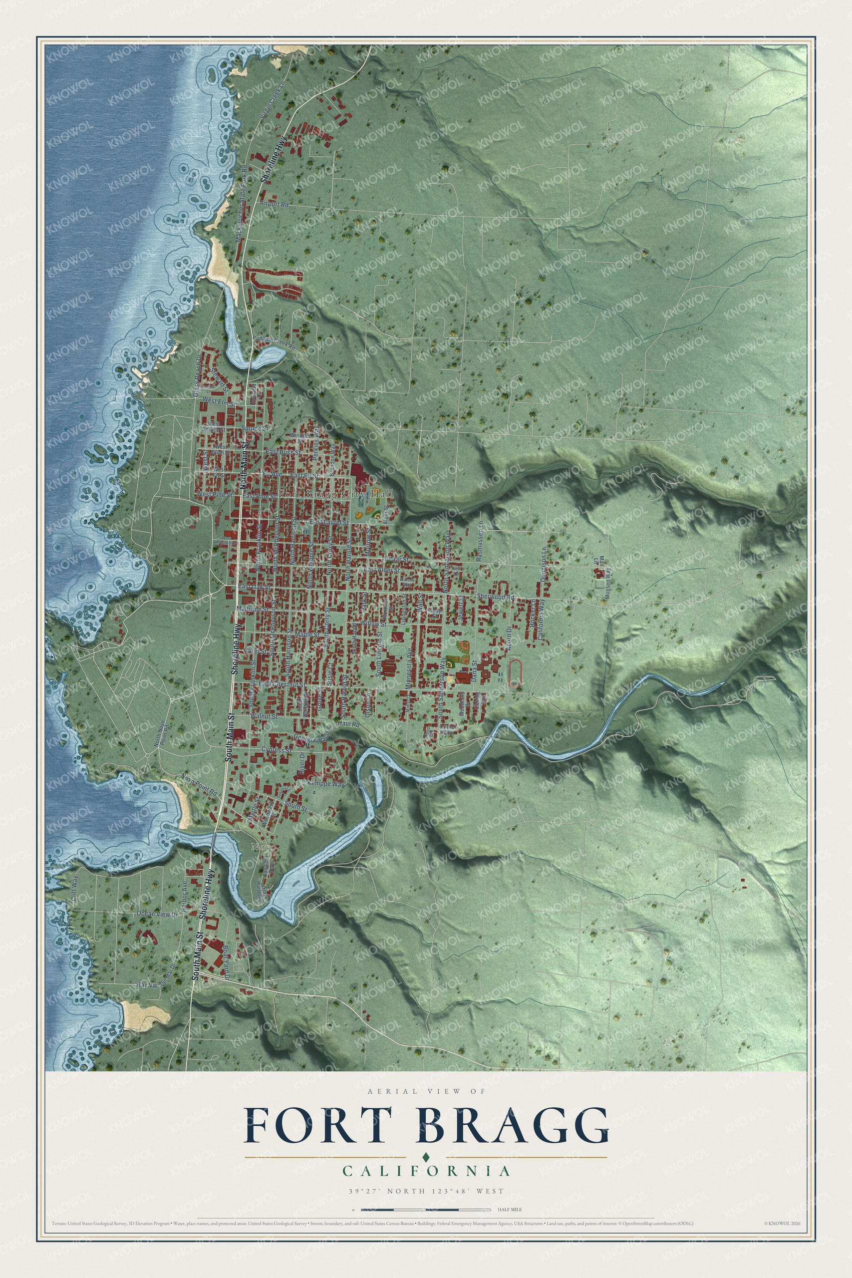 Full map of Fort Bragg, California, with red buildings, printed street names and the land around them