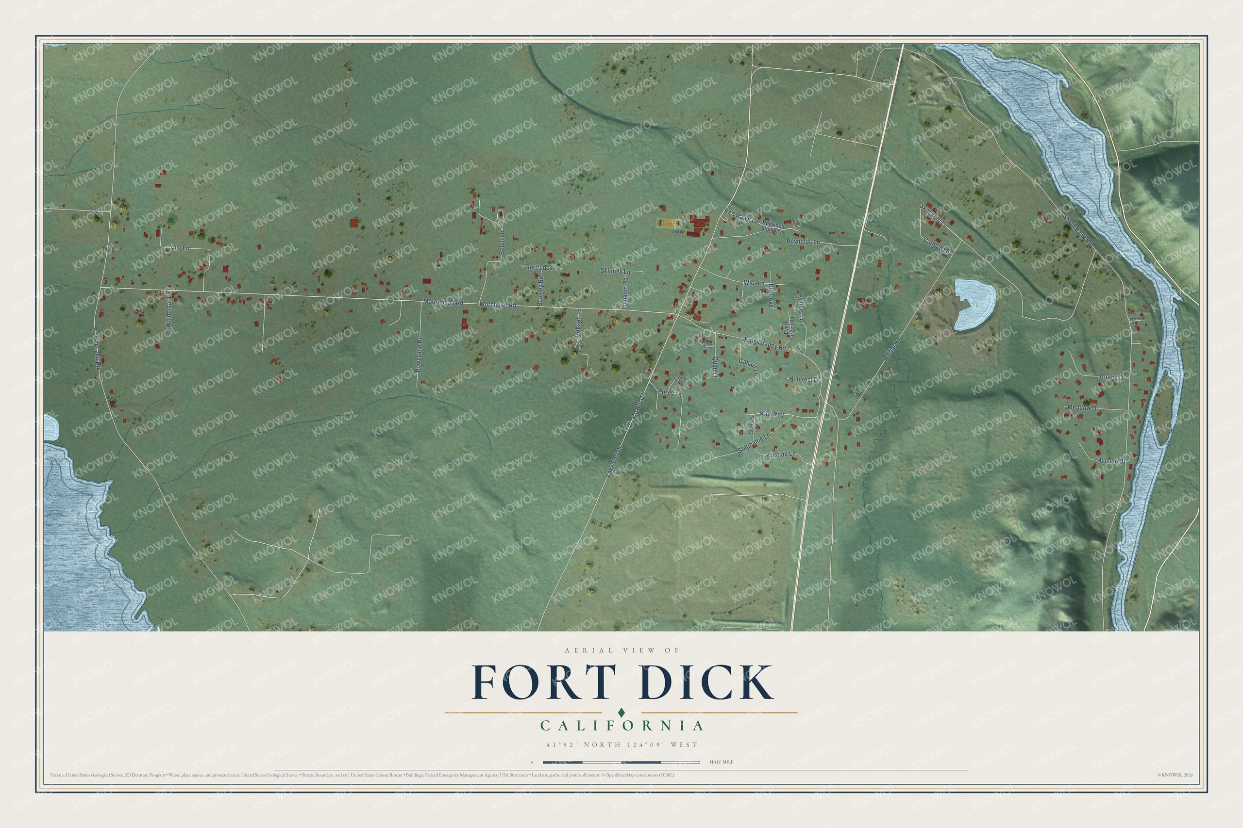 Full map of Fort Dick, California, with red buildings, printed street names and the land around them