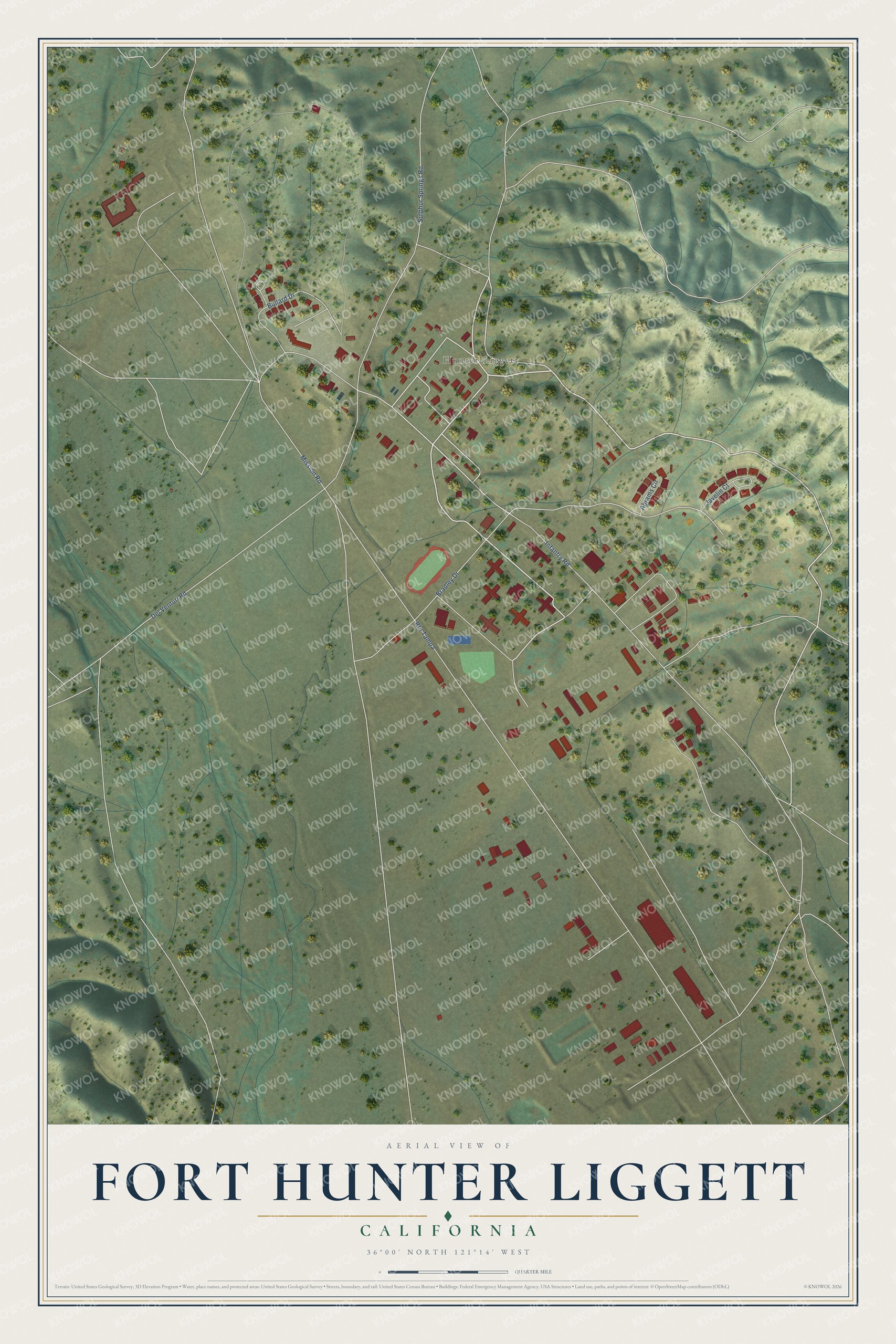 Full map of Fort Hunter Liggett, California, with red buildings, printed street names and the land around them