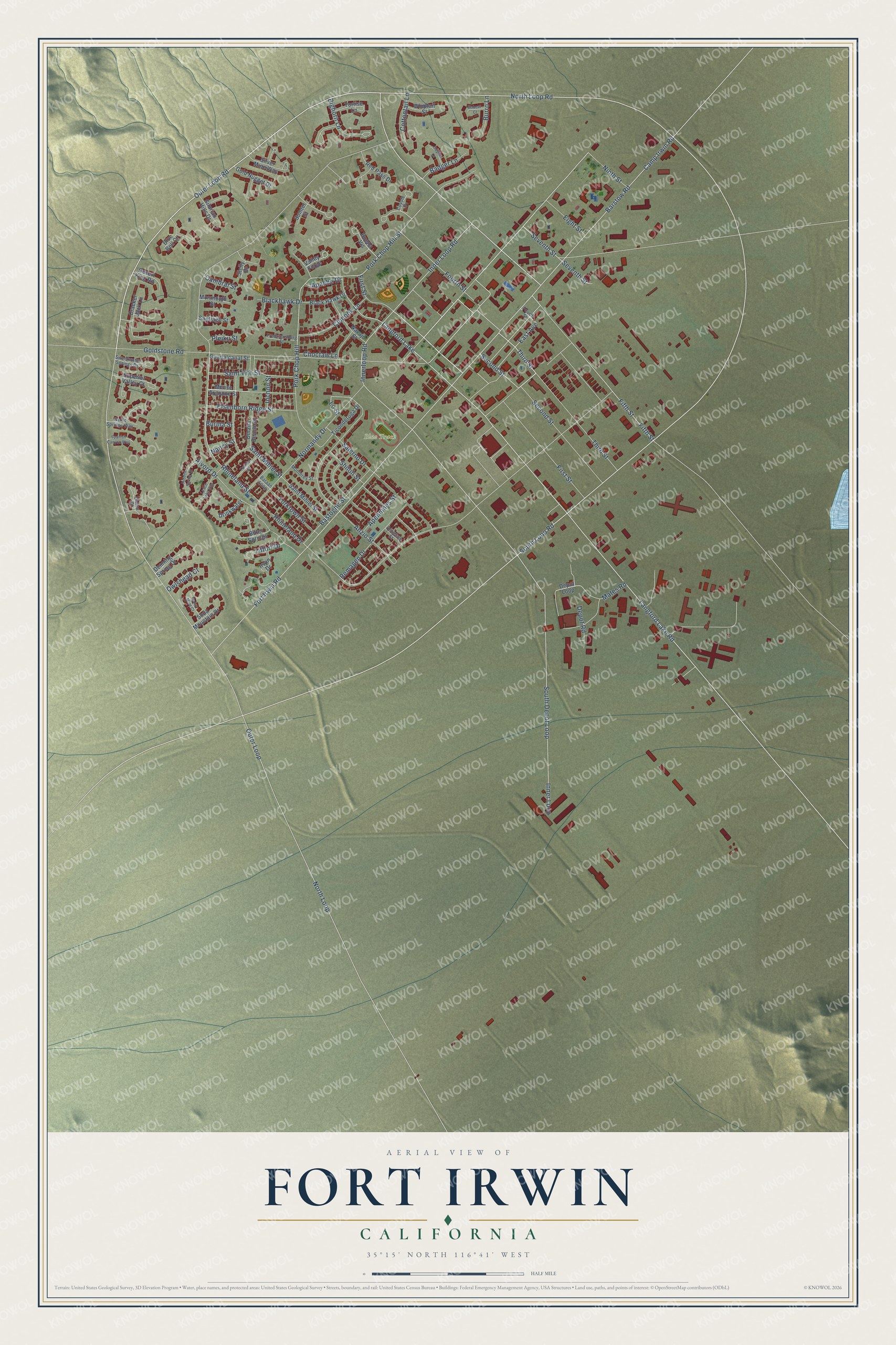 Full map of Fort Irwin, California, with red buildings, printed street names and the land around them