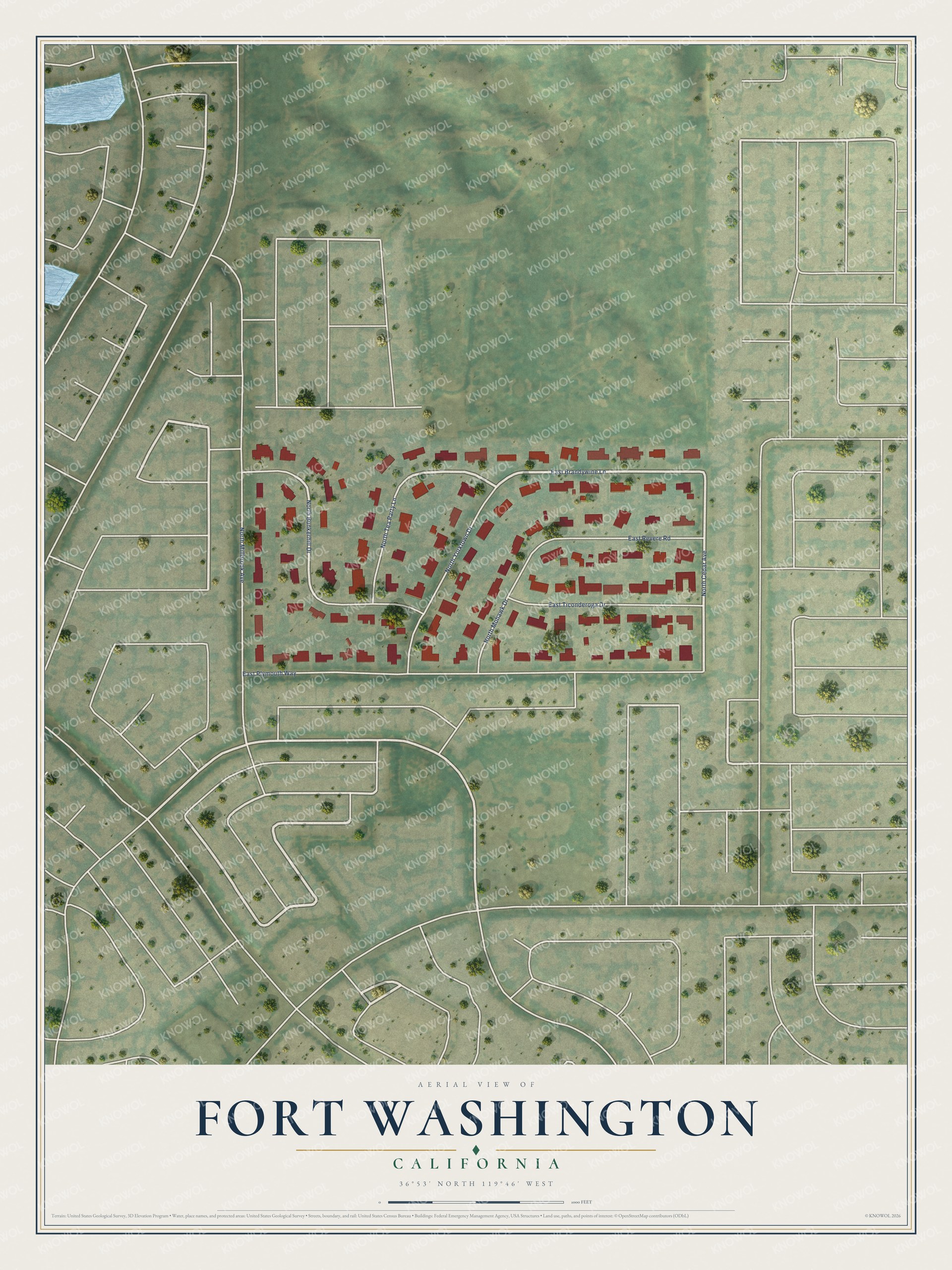 Full map of Fort Washington, California, with red buildings, printed street names and the land around them