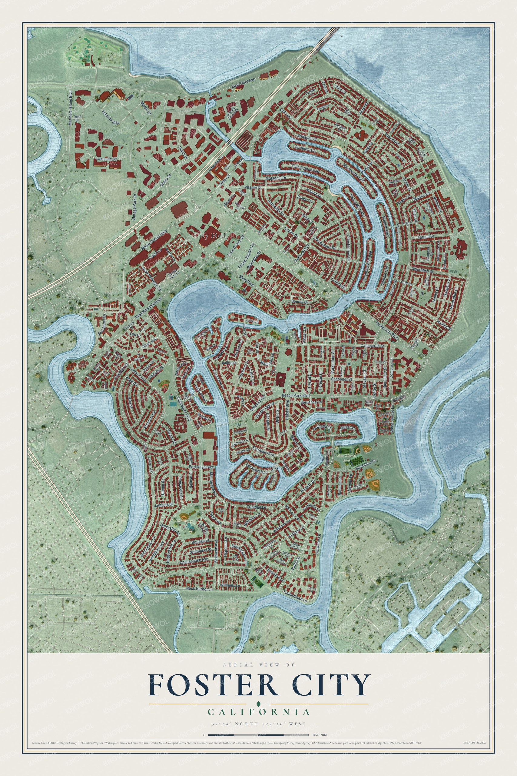 Full map of Foster City, California, with red buildings, printed street names and the land around them