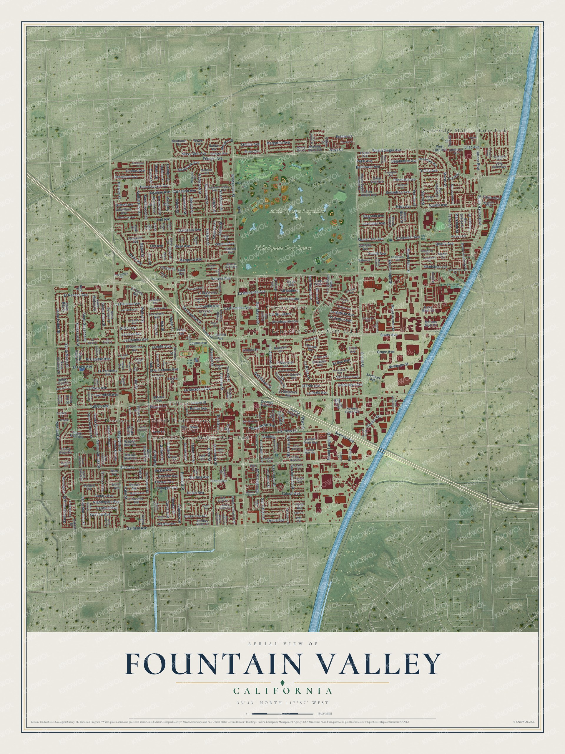 Full map of Fountain Valley, California, with red buildings, printed street names and the land around them