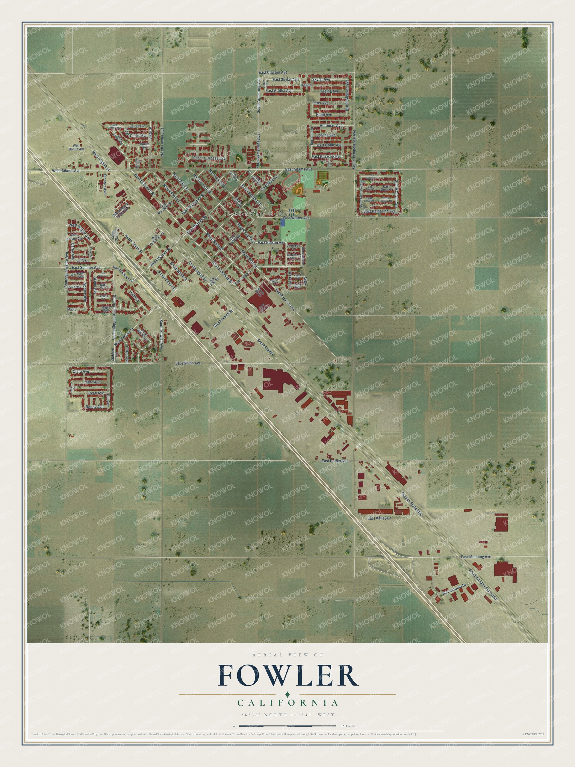 Full map of Fowler, California, with red buildings, printed street names and the land around them