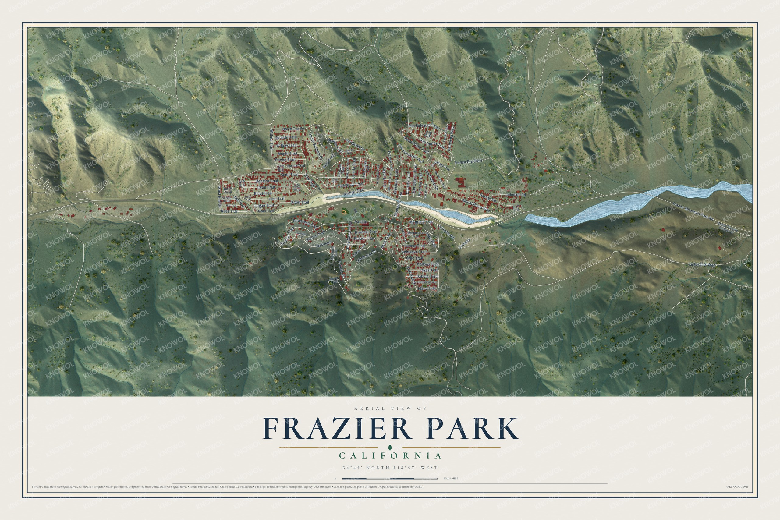 Full map of Frazier Park, California, with red buildings, printed street names and the land around them