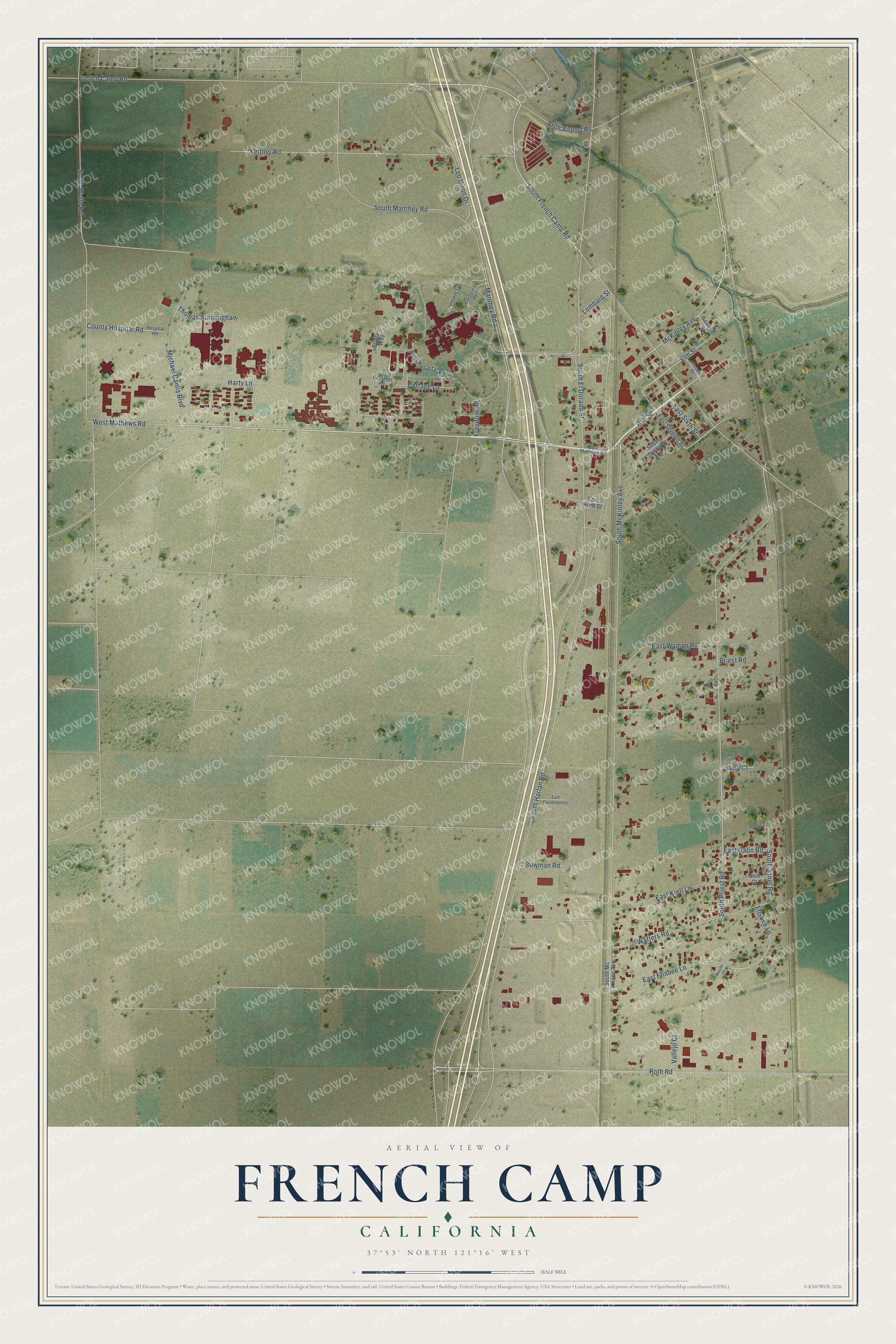 Full map of French Camp, California, with red buildings, printed street names and the land around them