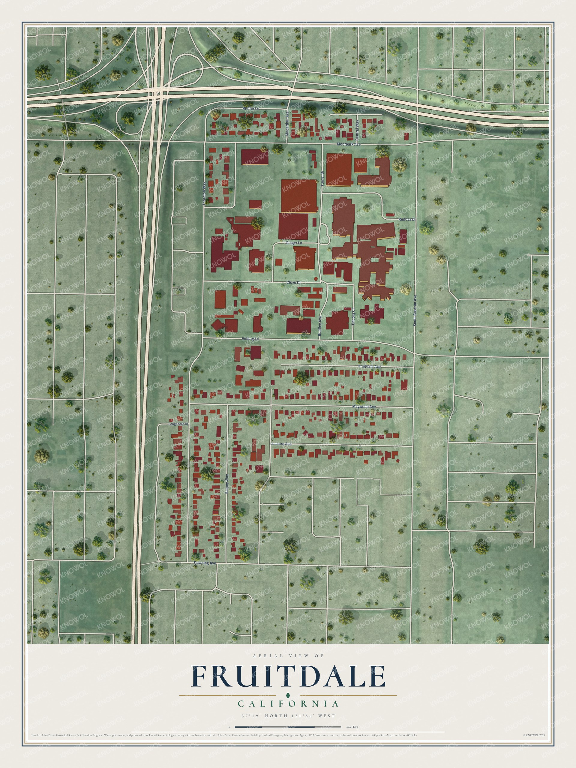 Full map of Fruitdale, California, with red buildings, printed street names and the land around them