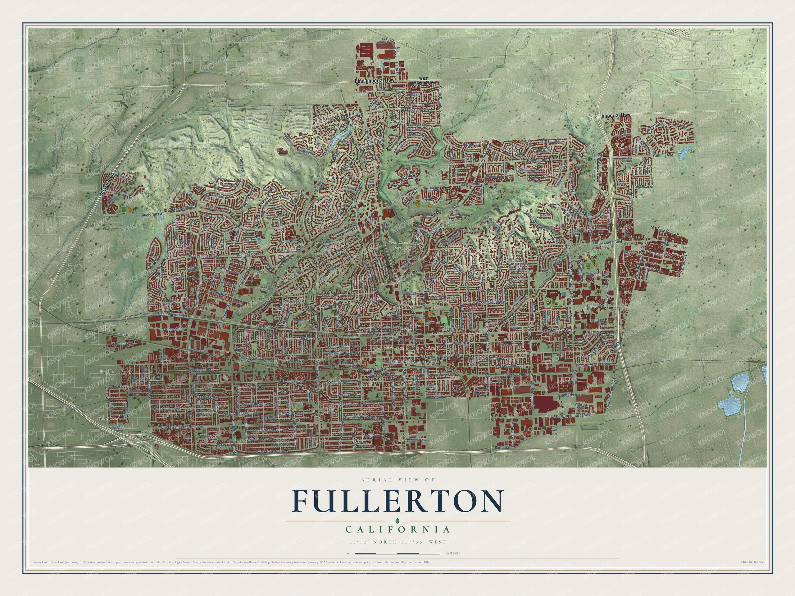 Full map of Fullerton, California, with red buildings, printed street names and the land around them
