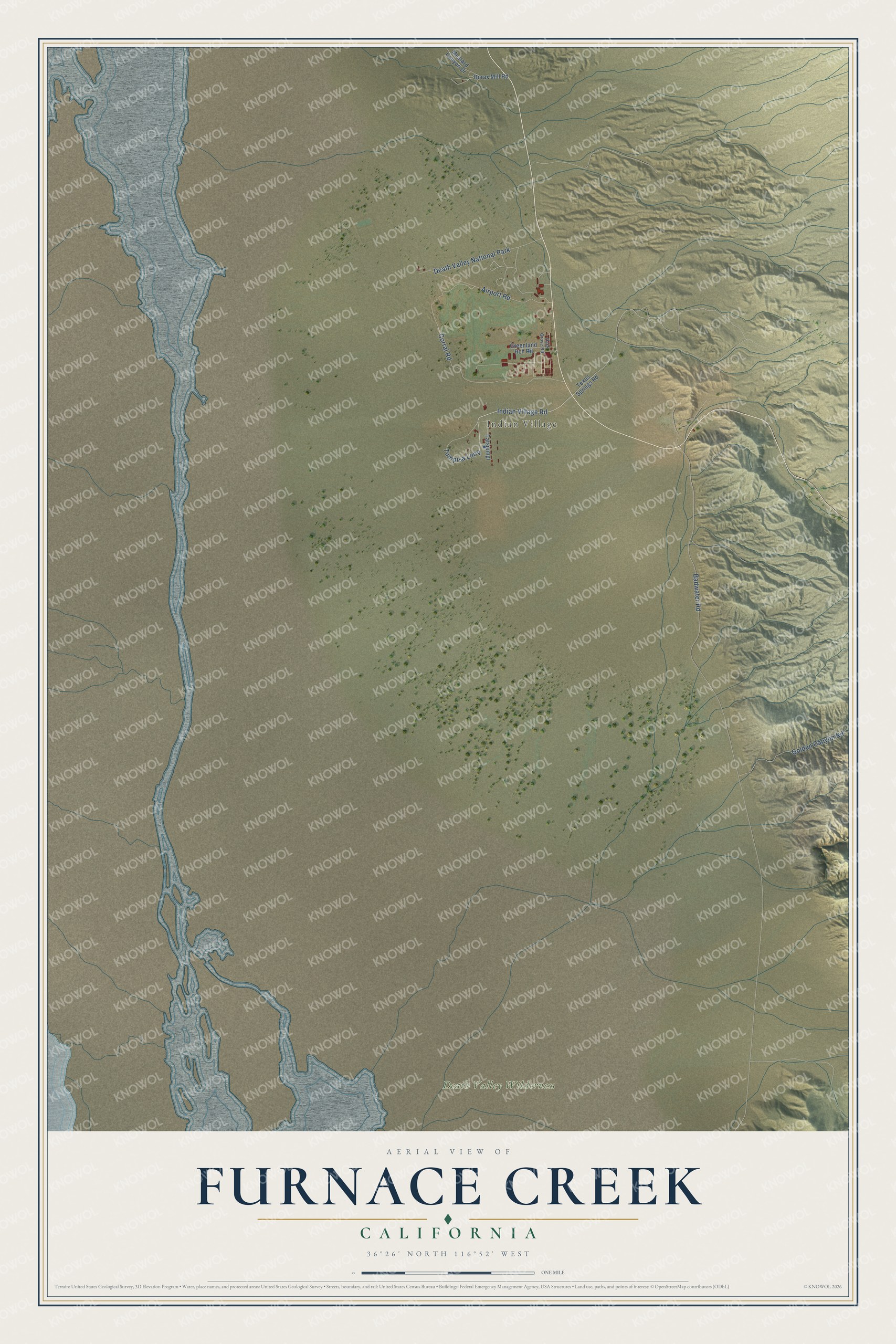 Full map of Furnace Creek, California, with red buildings, printed street names and the land around them