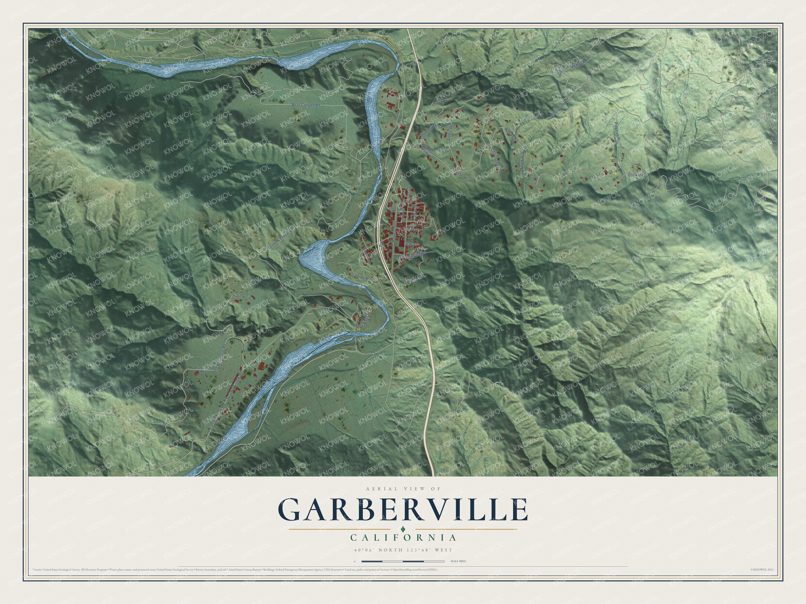Full map of Garberville, California, with red buildings, printed street names and the land around them