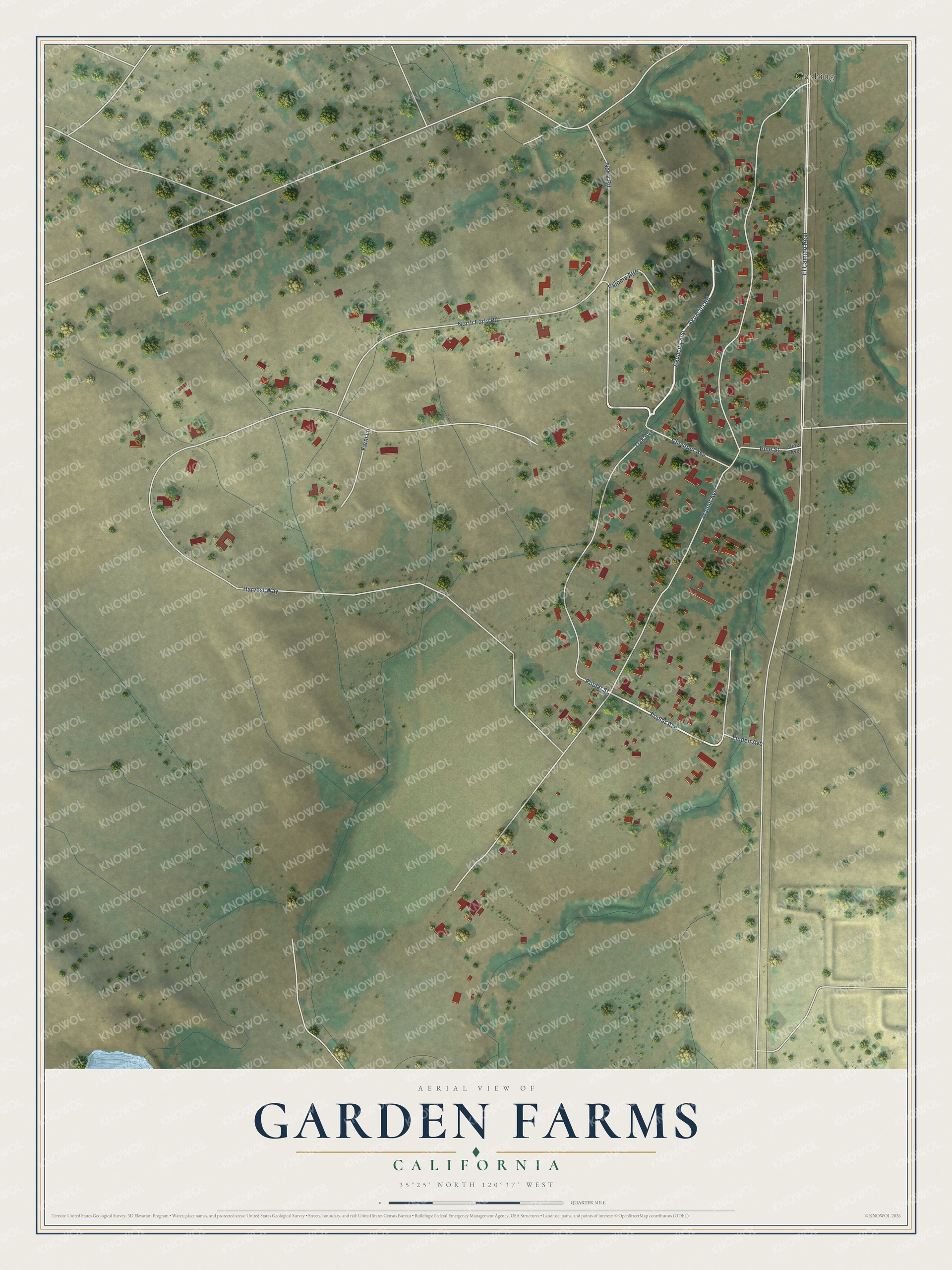 Full map of Garden Farms, California, with red buildings, printed street names and the land around them