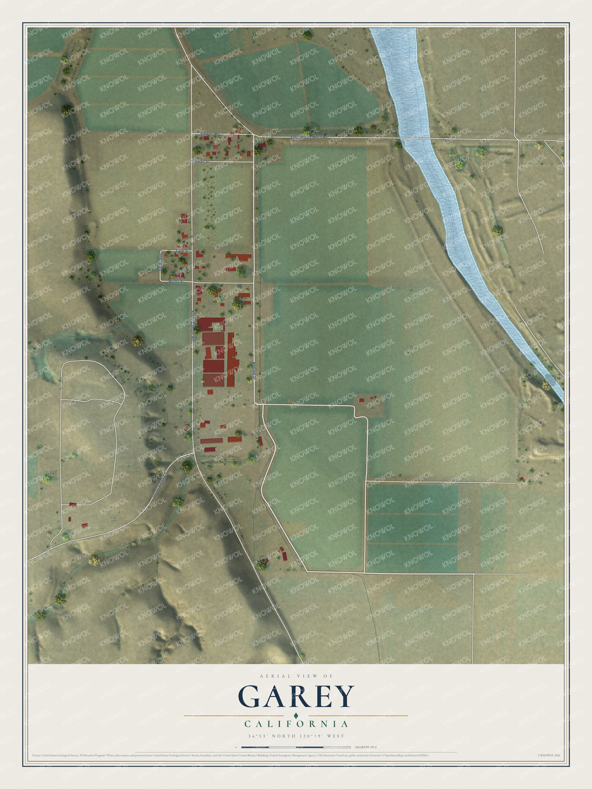 Full map of Garey, California, with red buildings, printed street names and the land around them