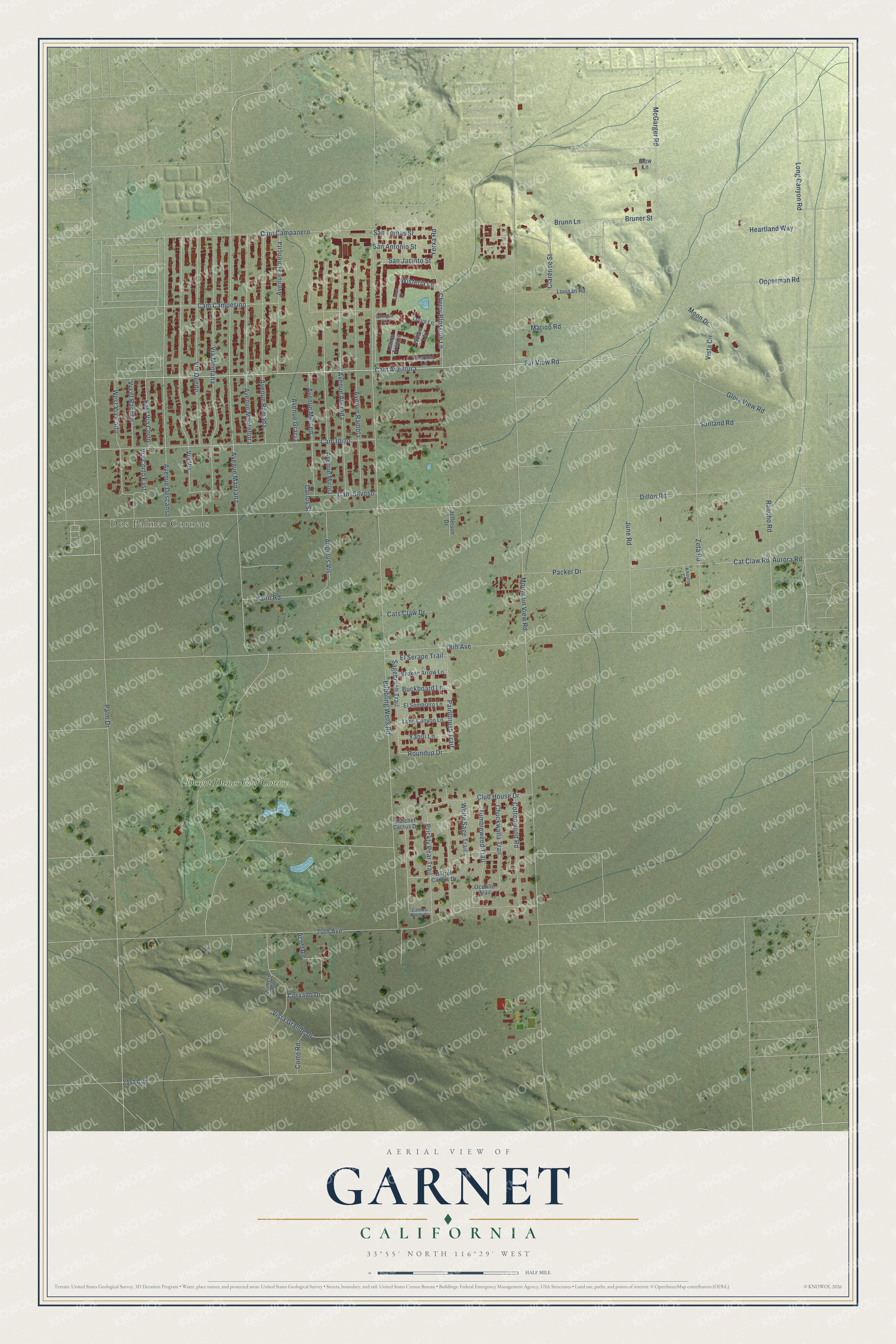 Full map of Garnet, California, with red buildings, printed street names and the land around them
